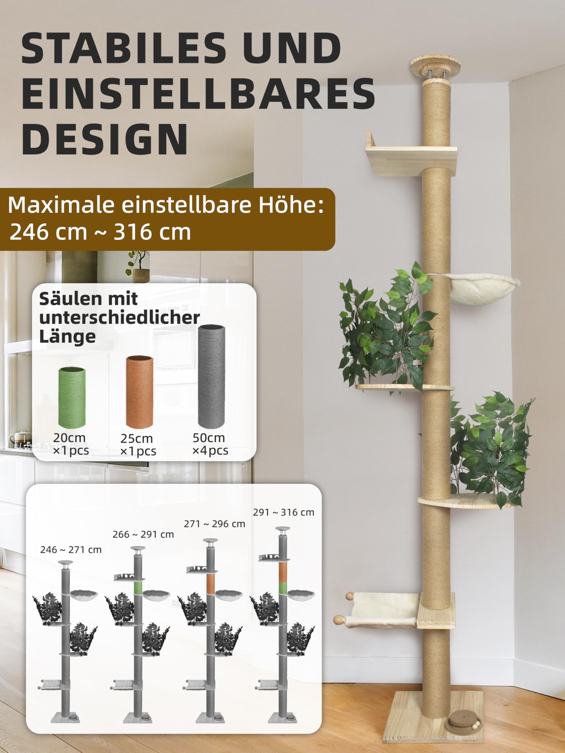 Fantasreen Kratzbaum Deckenspanner 246-316cm, 5 Etagen, 11cm Stab | Höhenverstellbarer Kratzbaum aus Hanf. 5 Ebenen. Stabile 11cm dicke Stange. Für Innenräume. Deckenspanner ohne Bohren.