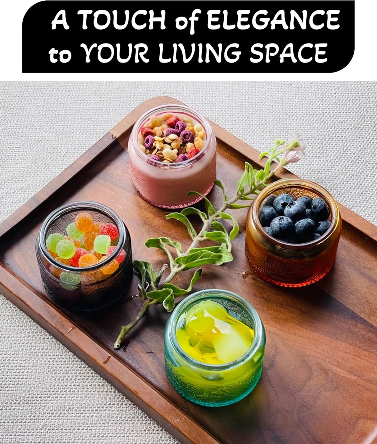 4 oz Colored Mini Glass Jars with Airtight Bamboo Lids 24 pack, Decorative Small Food Storage Canister, Vintage Embossed Home Décor Candle Parties Wedding Baby Shower Favors Gift