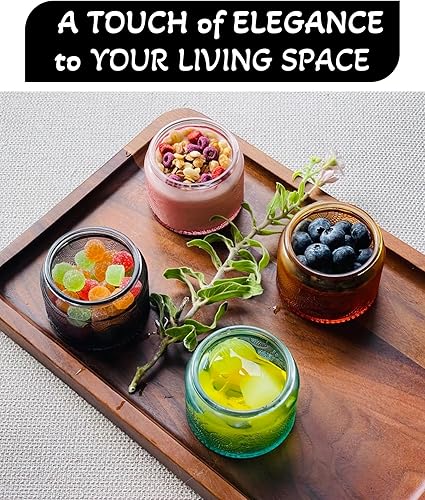 Miniatura 5 de LINGSHINE Mini tarros de vidrio con tapas de bambú reutilizables, paquete de 12 unidades de 4 onzas en relieve de color mixto, decoración del hogar,