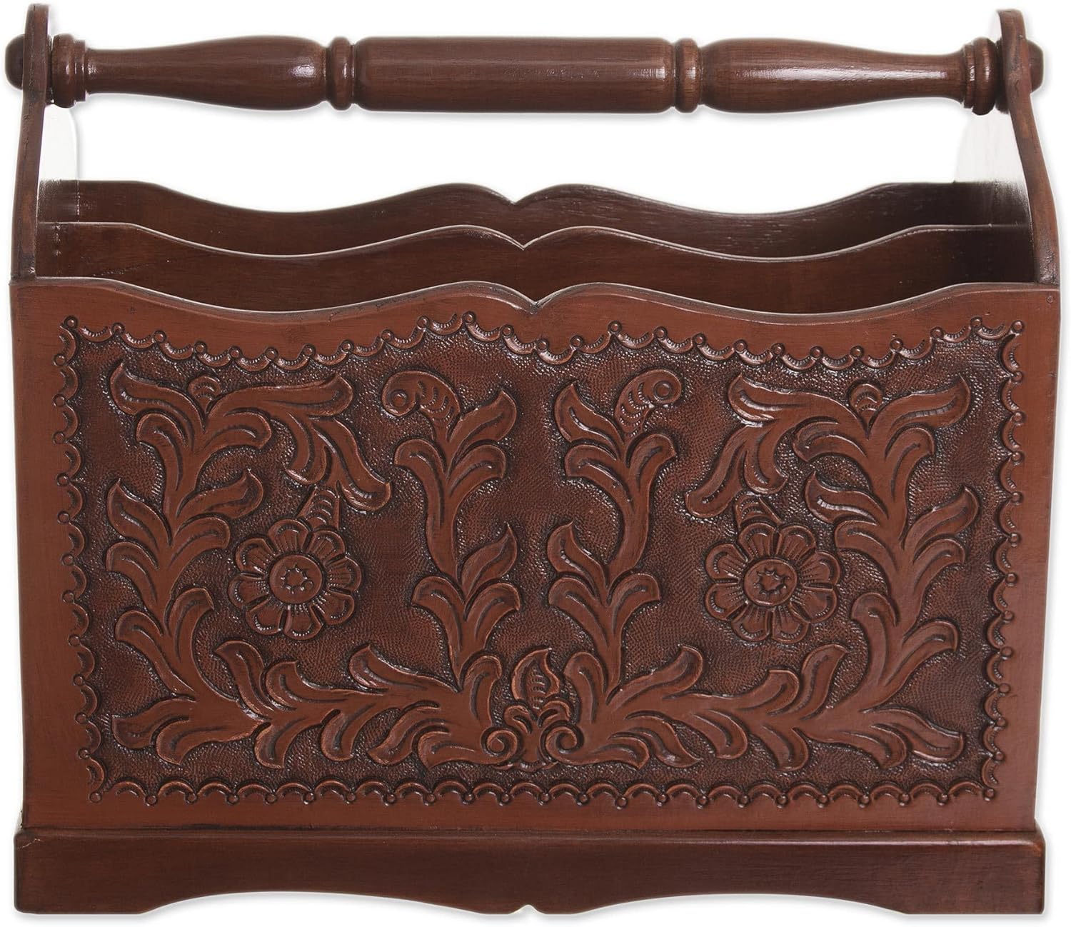 NOVICA Artisan Handmade Wood Leather Magazine Rack Brown Leatherwood Peru Furniture Accessories Cognac Floral [13.75in H x 15.75in W x 9.75in D] 'Iquilla'