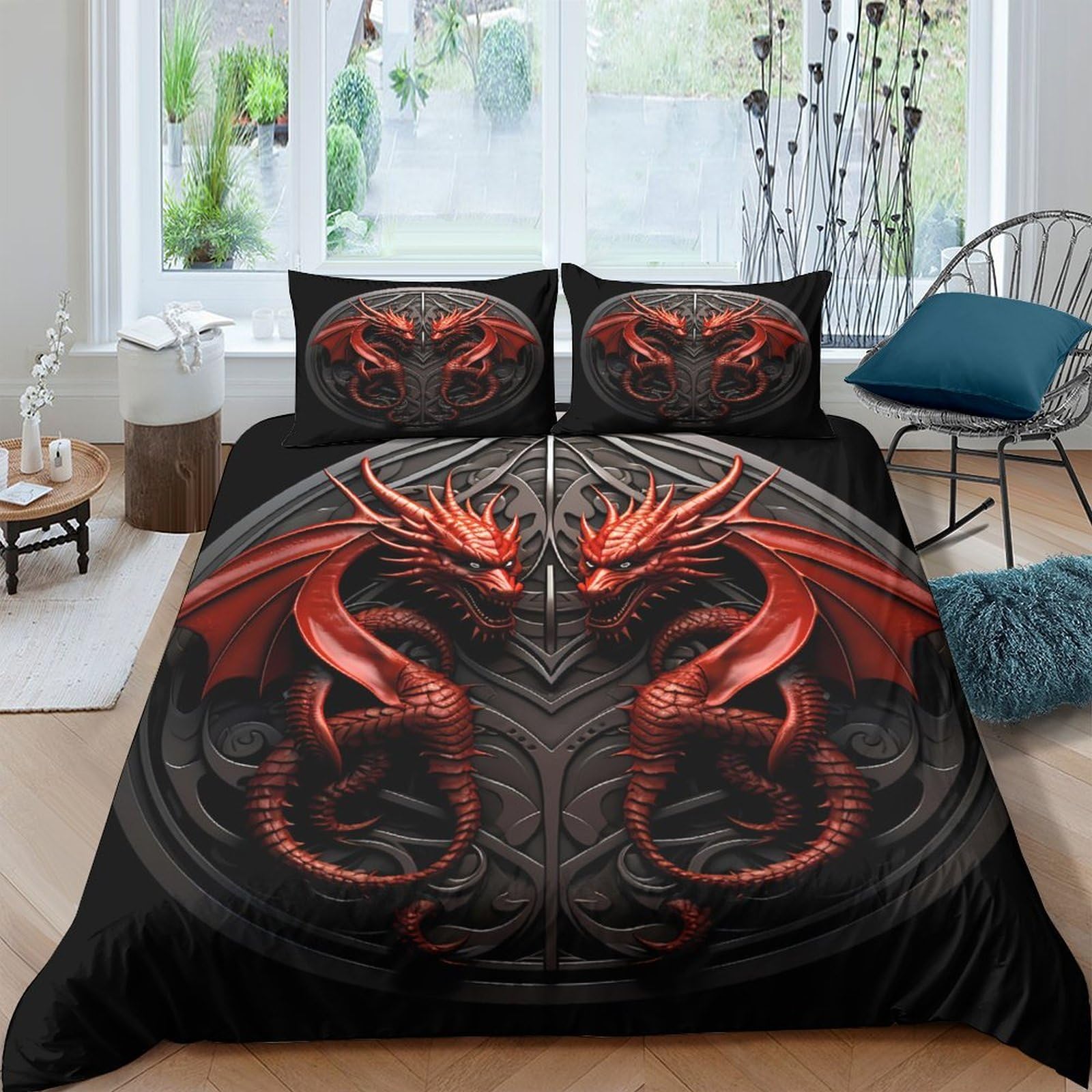 P5V6M1Q9 3D Printed Red Dragon Duvet Cover Microfiber Soft Breathable Black Gothic Bedding Set with 2 Pillowcases for Bedroom Decor Single（135x200cm）
