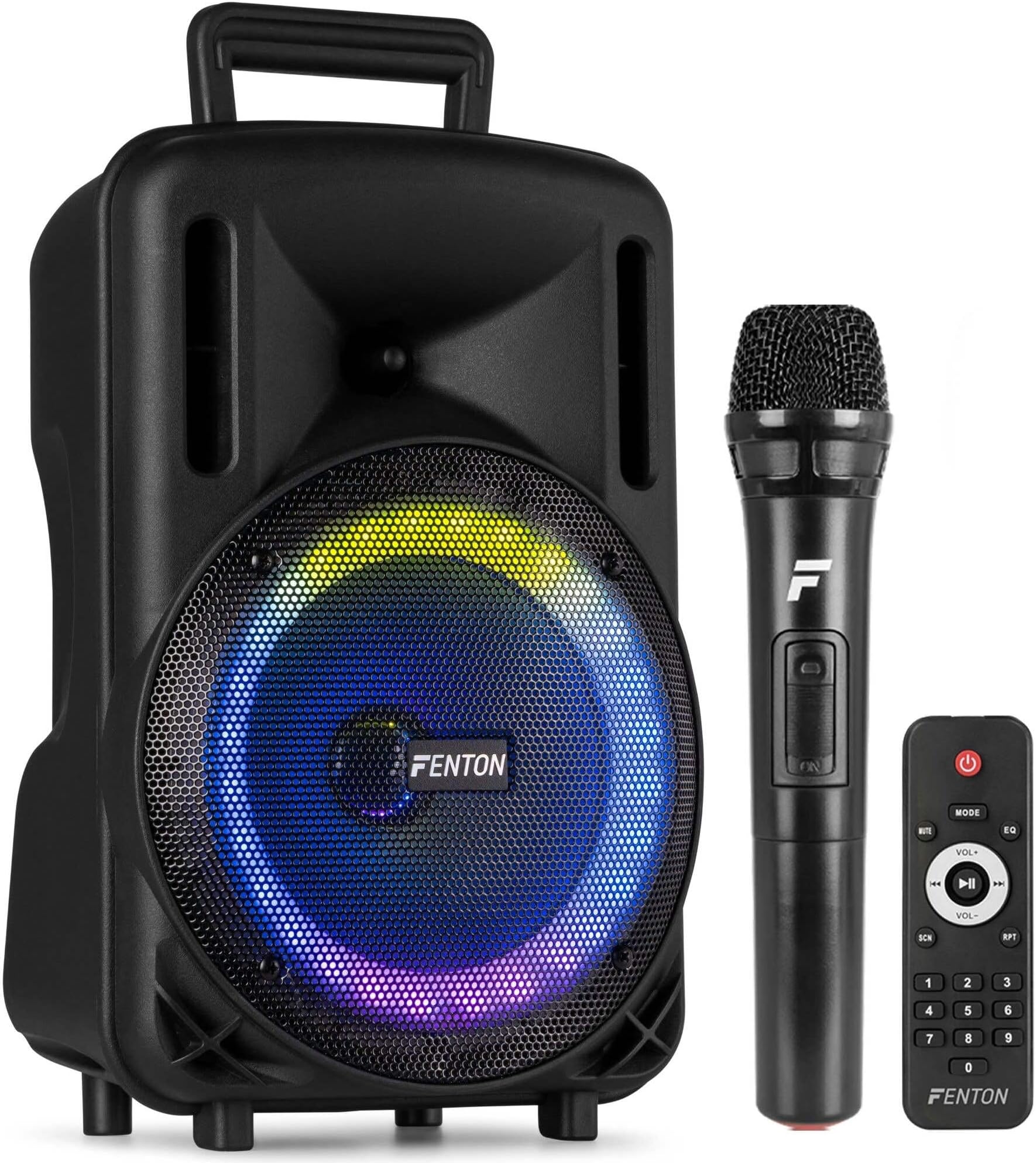 Fenton FT08LED MK2 Portable PA System 300W, 8 Inch Bluetooth Party Speaker With Wireless Microphone, Rechargeable Battery, USB MP3 Playback & LED Party Lights