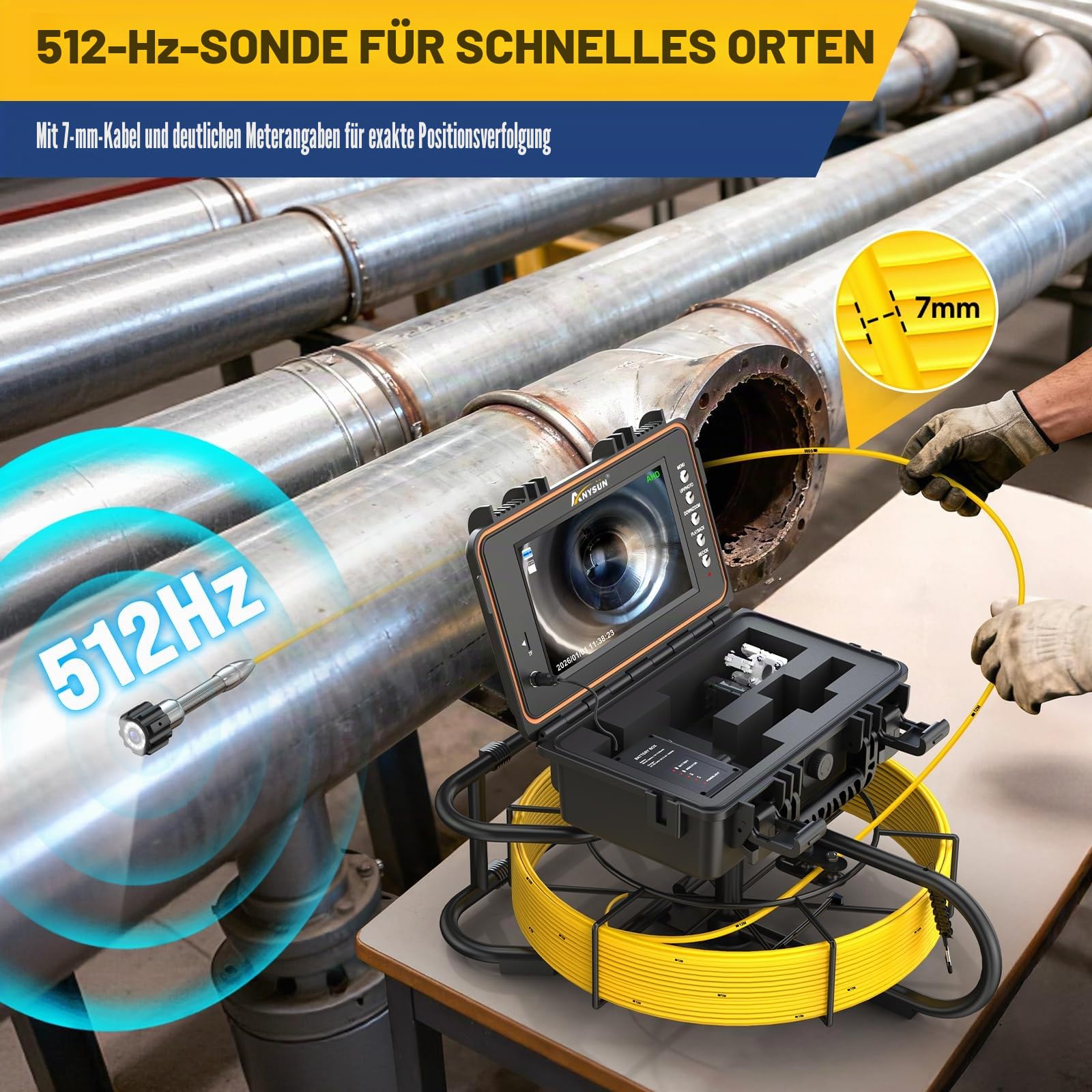 Anysun Selbstnivellierung Rohrkamera 30M, 512Hz Sender, 1080P HD 23mm Kamera, 9" IPS Inspektionskamera mit 7mm Meter-Kabel, DVR & 32GB Karte, Abflusskamera IP68 Wasserfest, 5100mAh Batterie | 9" IPS Inspektionskamera mit 7mm Meter-Kabel, DVR & 32GB Karte,