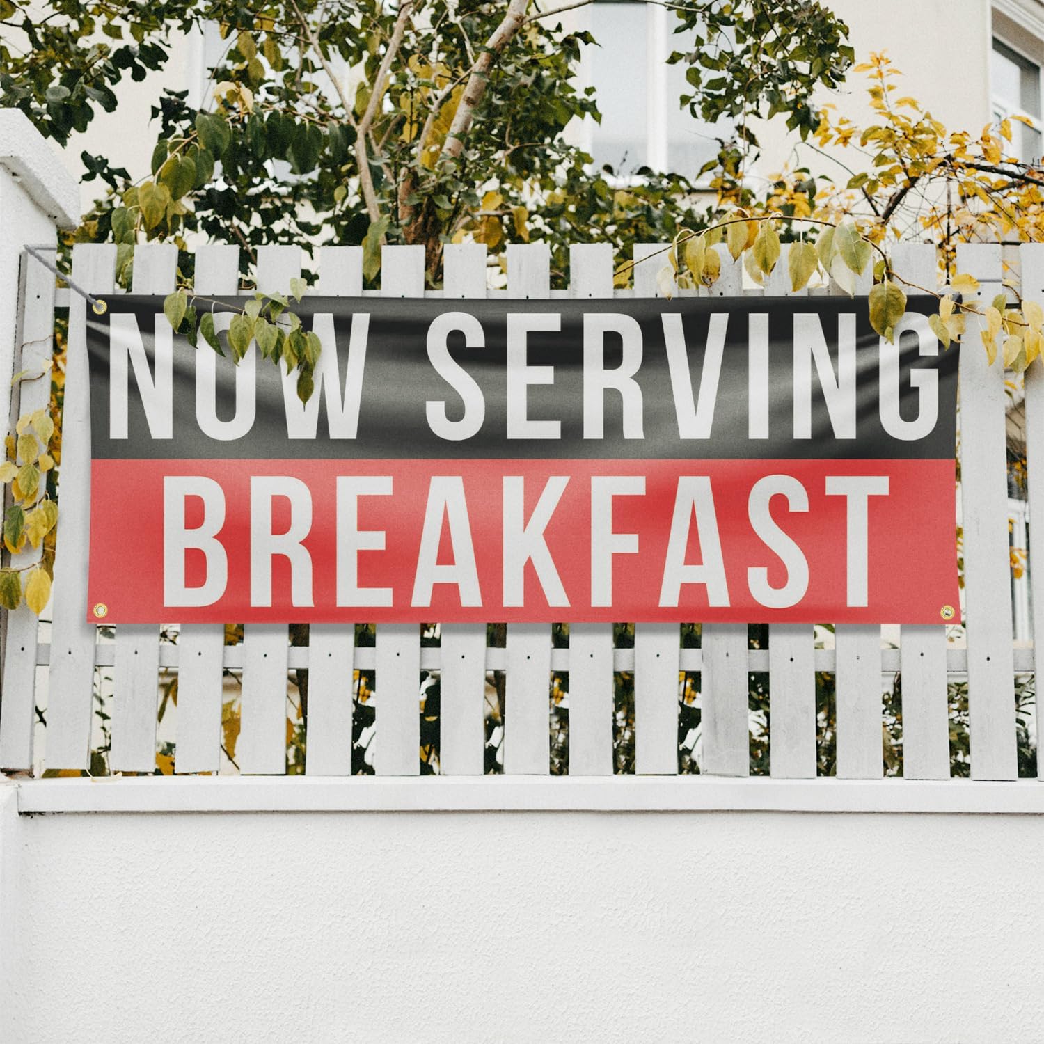 Now Serving Breakfast Banner Sign 18 Inch x 48 Inch | 13 oz Vinyl with Metal Grommets | Heavy-Duty Single-Sided Outdoor Durable Printed High-Quality Weatherproof | Made in the USA