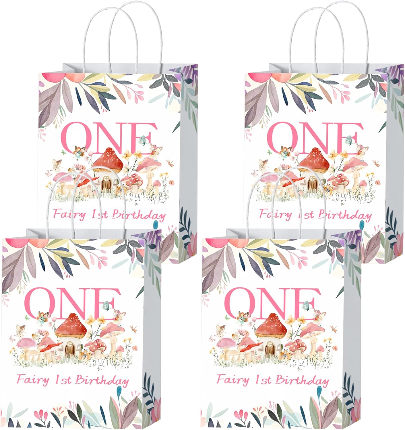 KEWUFD 20PCS Fairy 1st Birthday Goodie Bags With Handles Fairy First Birthday Decorations Floral Fairy Candy Treat Bags Fairy Themed Party Decoration for Girls