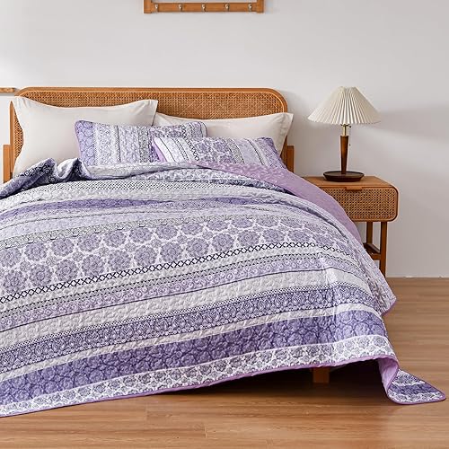 Miniatura 4 de WONGS BEDDING Juego de edredón bohemio tamaño King, juego de edredón bohemio de 3 piezas, juego de ropa de cama ligero para todas las estaciones