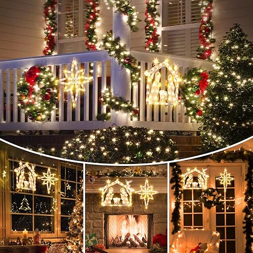 Miniatura 5 de Marchpower Paquete de 2 luces de silueta de ventana de Navidad, Belén iluminadas y estrella de Belén para decoración de ventanas, luces de ventana