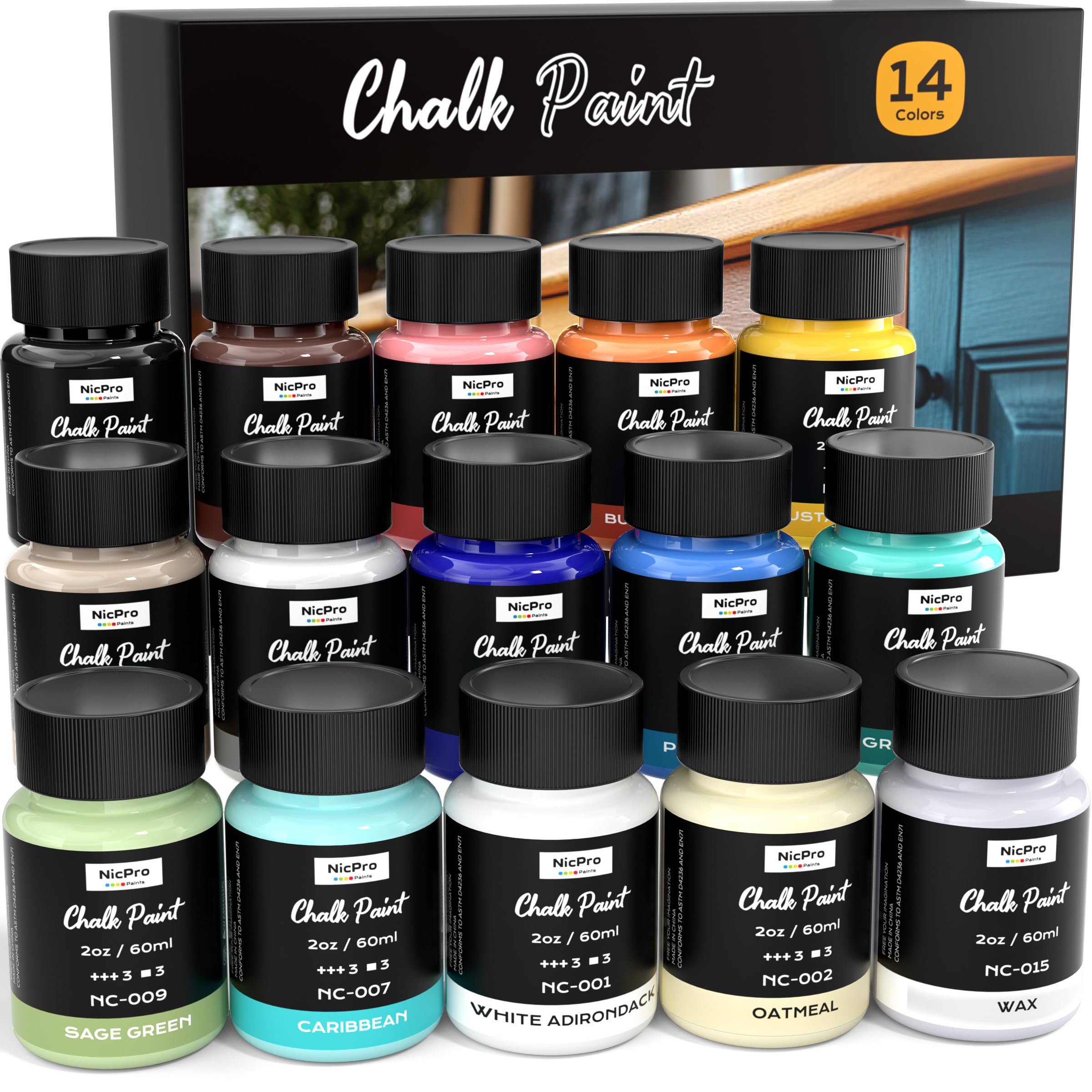 Nicpro 14 Colors Chalk Paint for Furniture, 2 fl oz (60ml) Ultra Matte Finish Acrylic Craft Paint, Non-Toxic Chalk Furniture Paints for Wood, Metal,