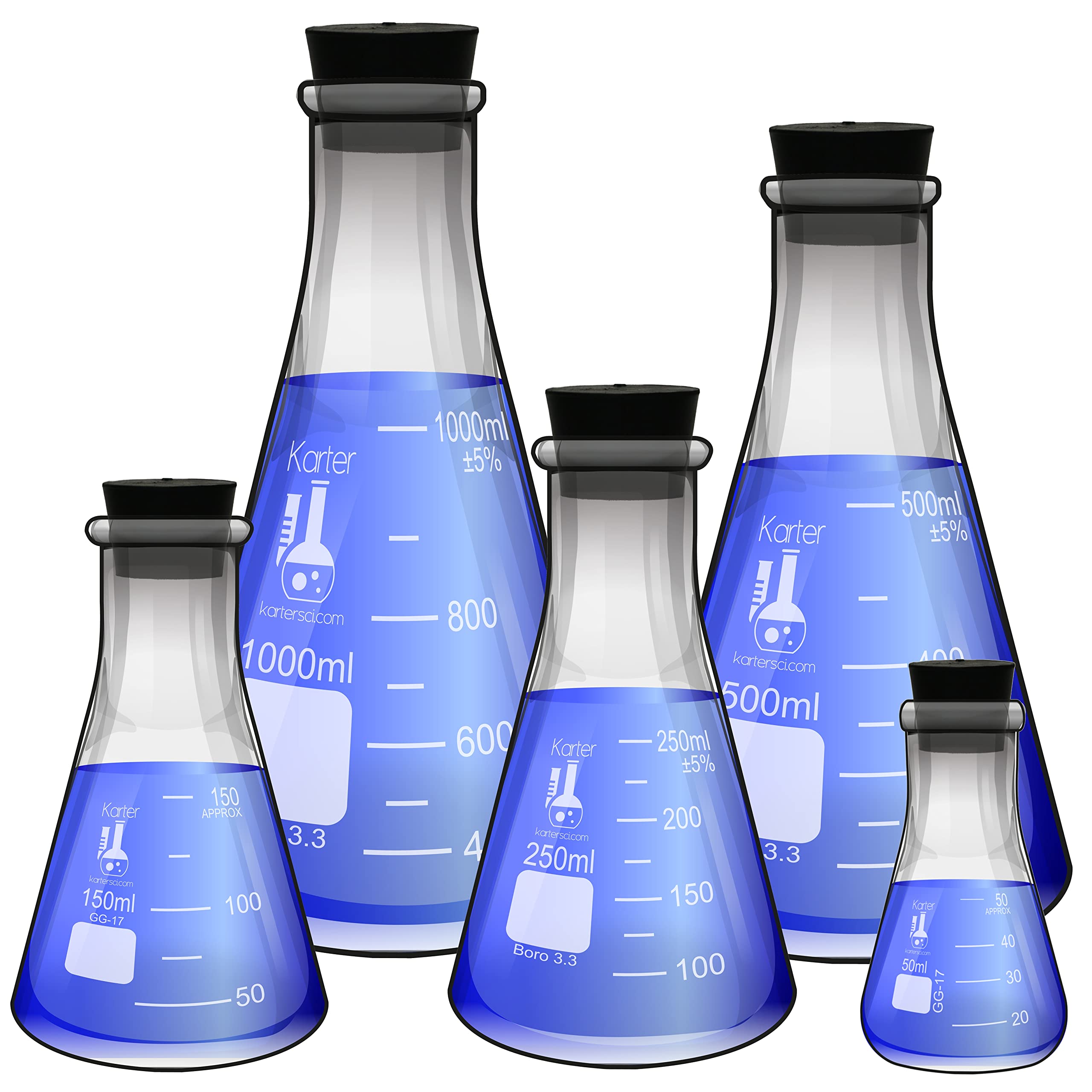 Juego de 5 piezas de frascos de cristal, borosilicato de borosilicato 3,3, cristal de 50 ml, 150 ml, 250 ml, 500 ml, y 1000 ml, Karter Scientific, 1