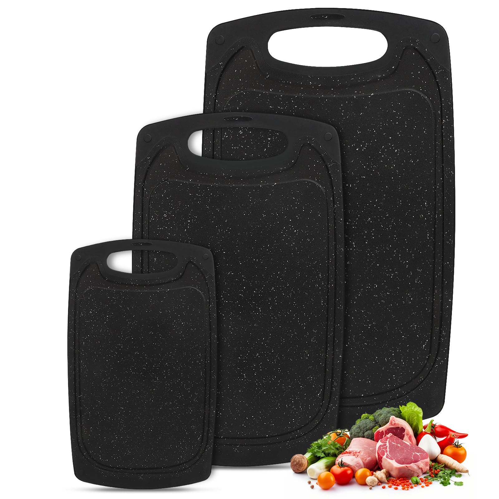Set 3 Tabla Cortar Cocina, Tabla Cortar de Plástico Sin BPA, Cutting Board con Asas y Ranura para el Jugo, Chopping Board Antideslizante para Verduras/Frutas/Carnes, Negro