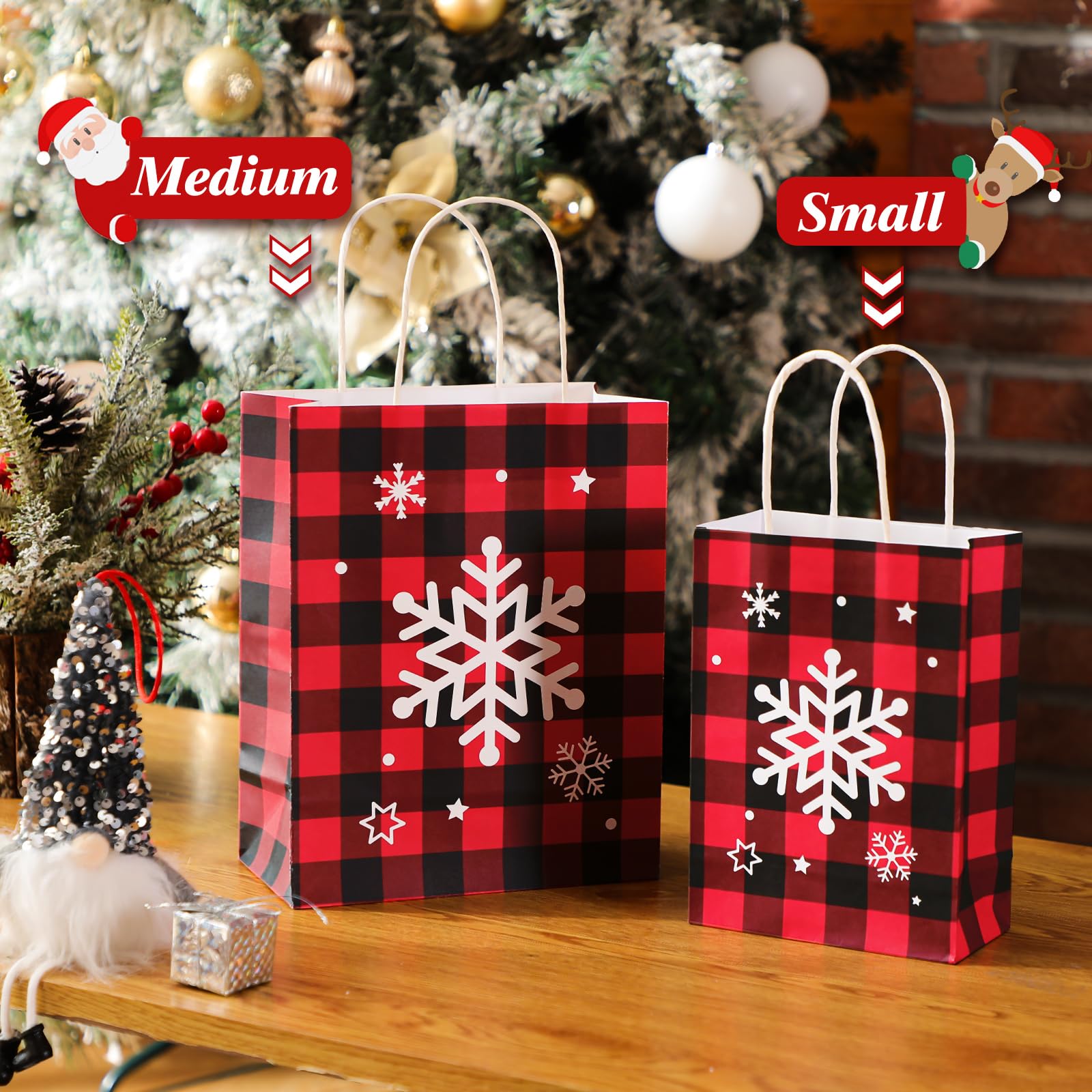 24 sacchetti regalo di Natale con carta velina, Merry Christmas Xmas Kraft Paper Goodie sacchetti con manici, per confezioni regalo di Natale, forniture per feste (plaid, medio)