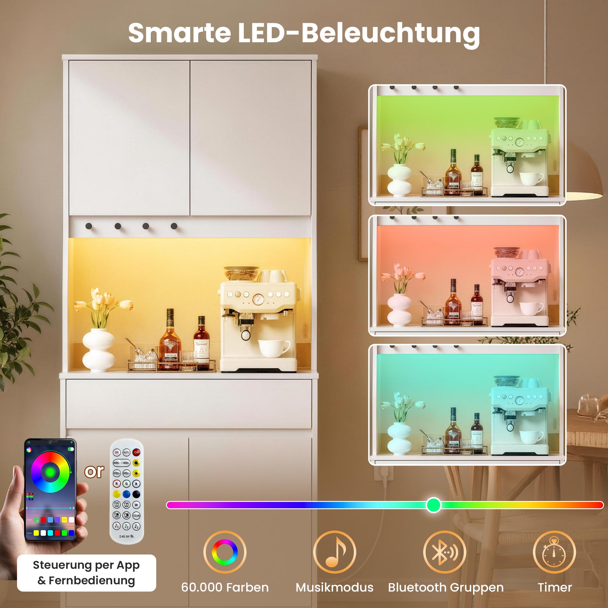 YOUDENOVA Küchenschrank Sideboard mit LED & Steckdose, Weiß | Buffetschrank mit Arbeitsplatte, Schublade, LED, Steckdose und verstellbaren Einlegeböden für vielseitigen Stauraum.