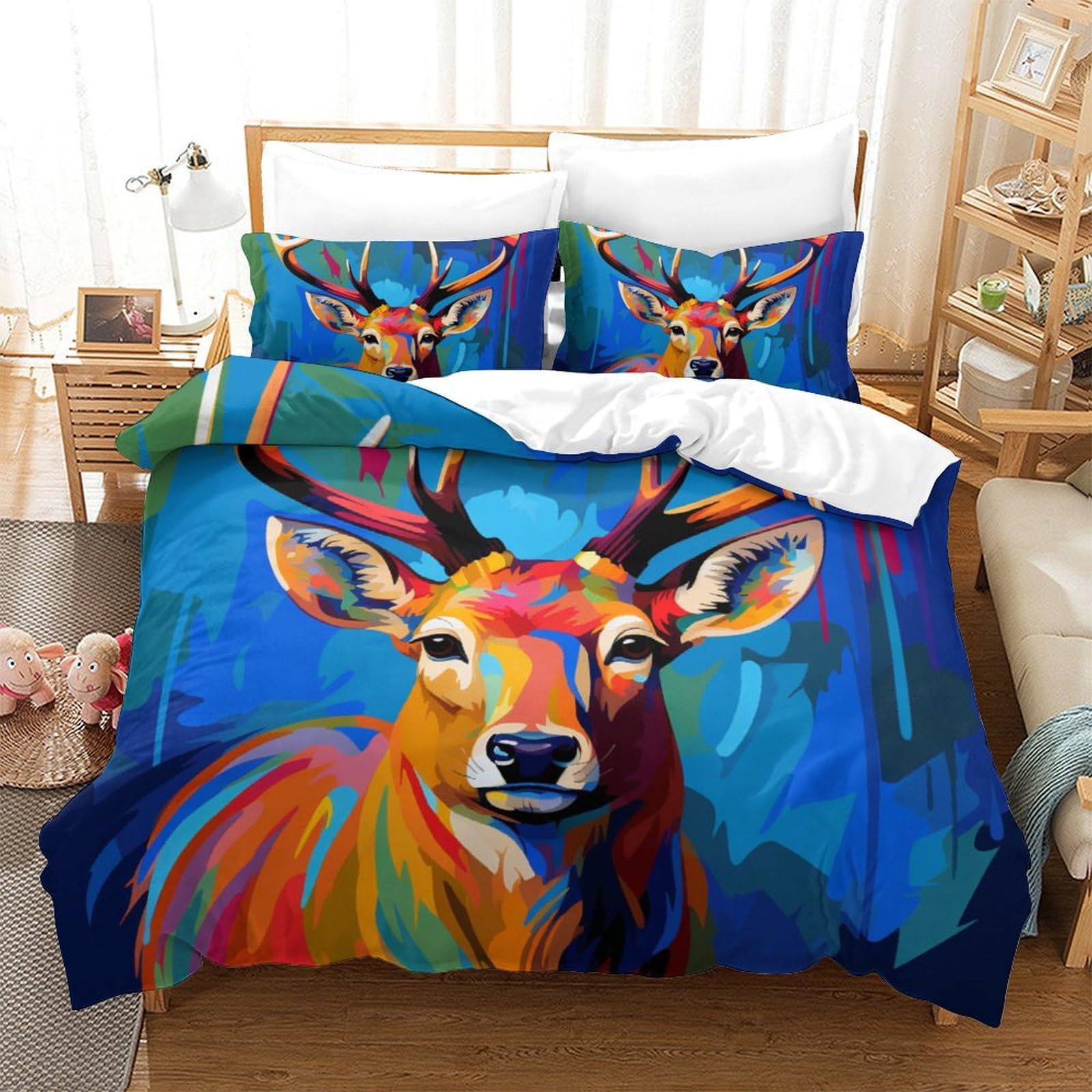 Housse de couette 220x240cm motif Wapiti 3D en microfibres avec taies d'oreiller