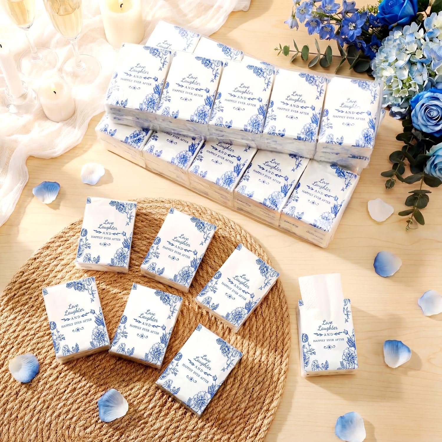 Yinder 50 Pack Happy Tears Tissues Packs for Wedding Bulk Facial Tissues Items for Guests Welcome Bags Pocket Paper 3 Ply Individual Mini Travel Tissue Packs for Wedding Graduation Party (Stylish) image 3
