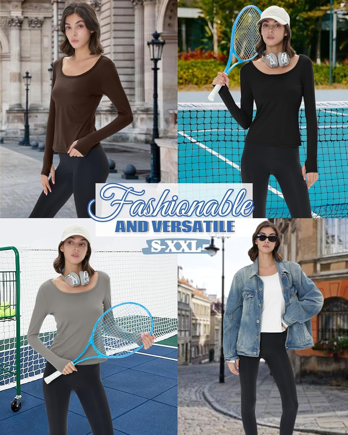 4 Pack Women's Workout Tops Long Sleeve Compression Shirts U Neck Slim Athletic Yoga Basic Shirt with Thumb Holes - Image 2