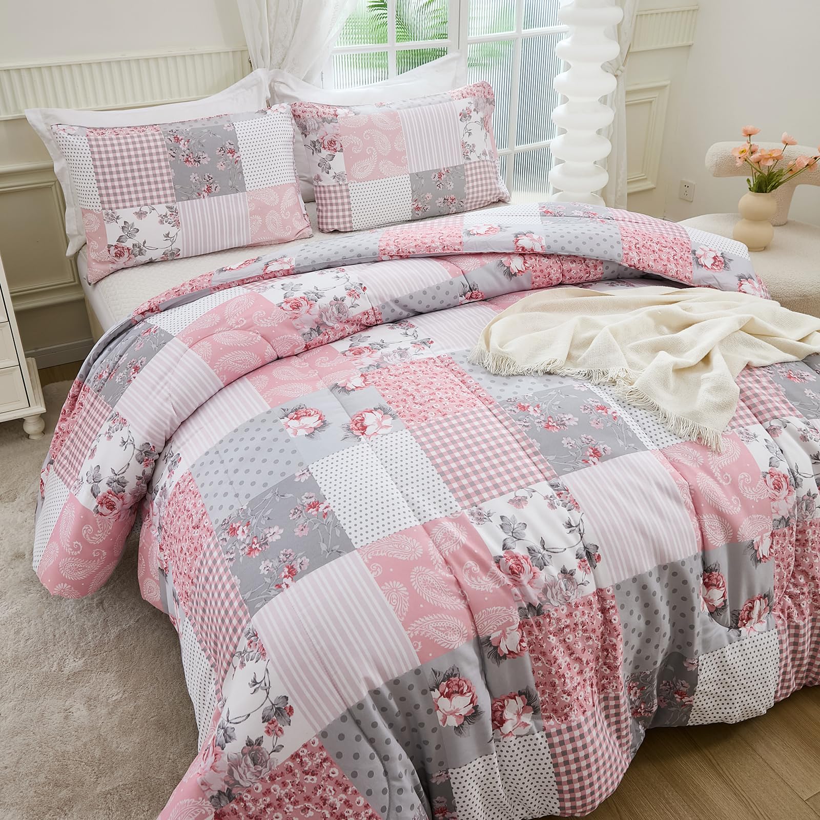 Herside Flower Plaid Duvet Cover Set Double Size Rose Floral Paisley Printed Pink Gray Grid Duvet Cover Farmhouse Bedding Cover 200x200cm 3PCS All Season with Zipper Closure - Image 4