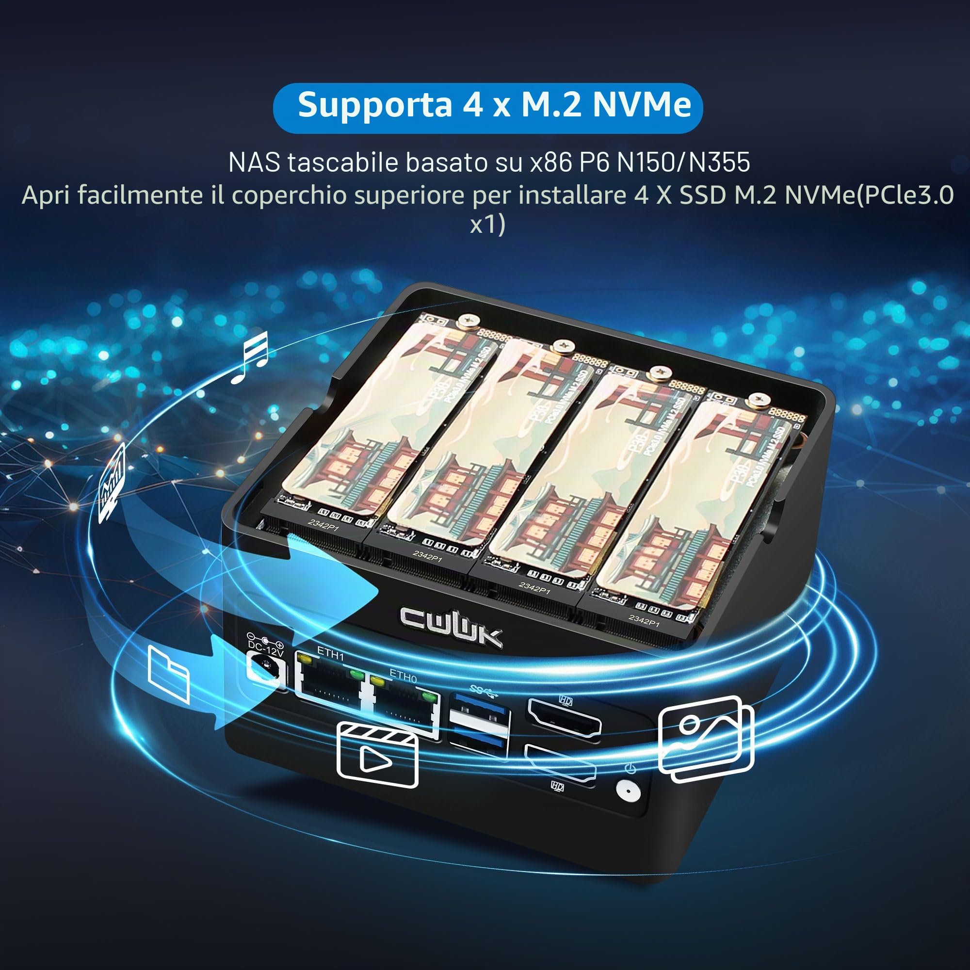 CWWK X86-P6 N355 Mini PC Pocket NAS, 4 Bay M.2 NVMe Mini Computer con 2 x i226-V 2.5GbE LAN, Micro PC Barebone DDR5 NO RAM/SSD/OS, supporto WiFi7/BT5.4 Expandable, 2 display, USB3.2