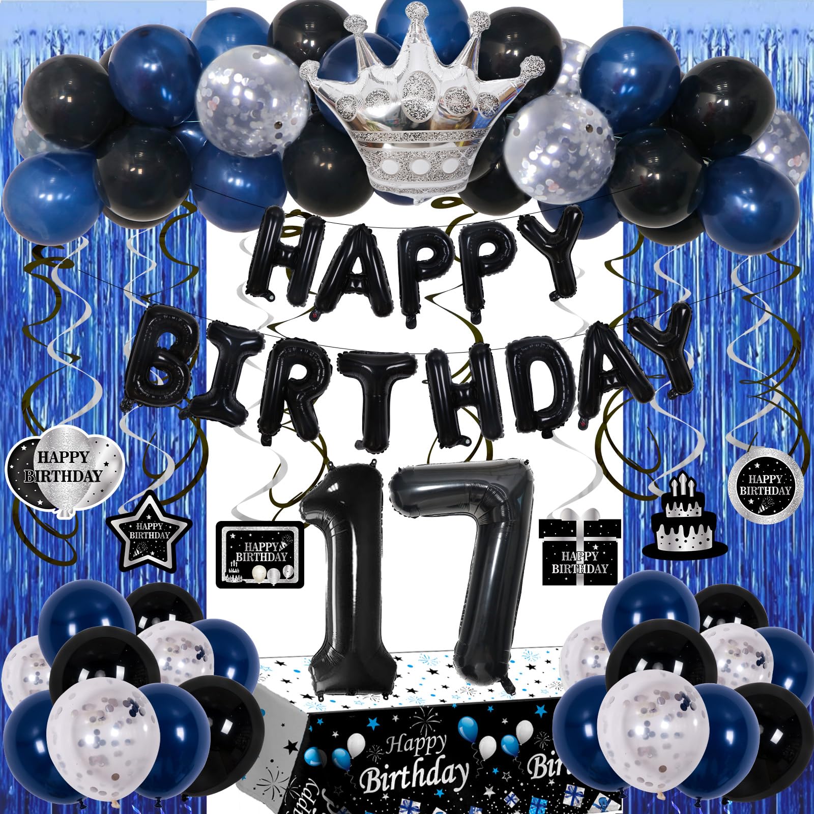 17th Birthday Decorations Boy, Happy 17 Birthday Decorations for Boys Girls, Blue Black 17 Year Old Birthday Balloons Banner,Tablecloth, Fringe