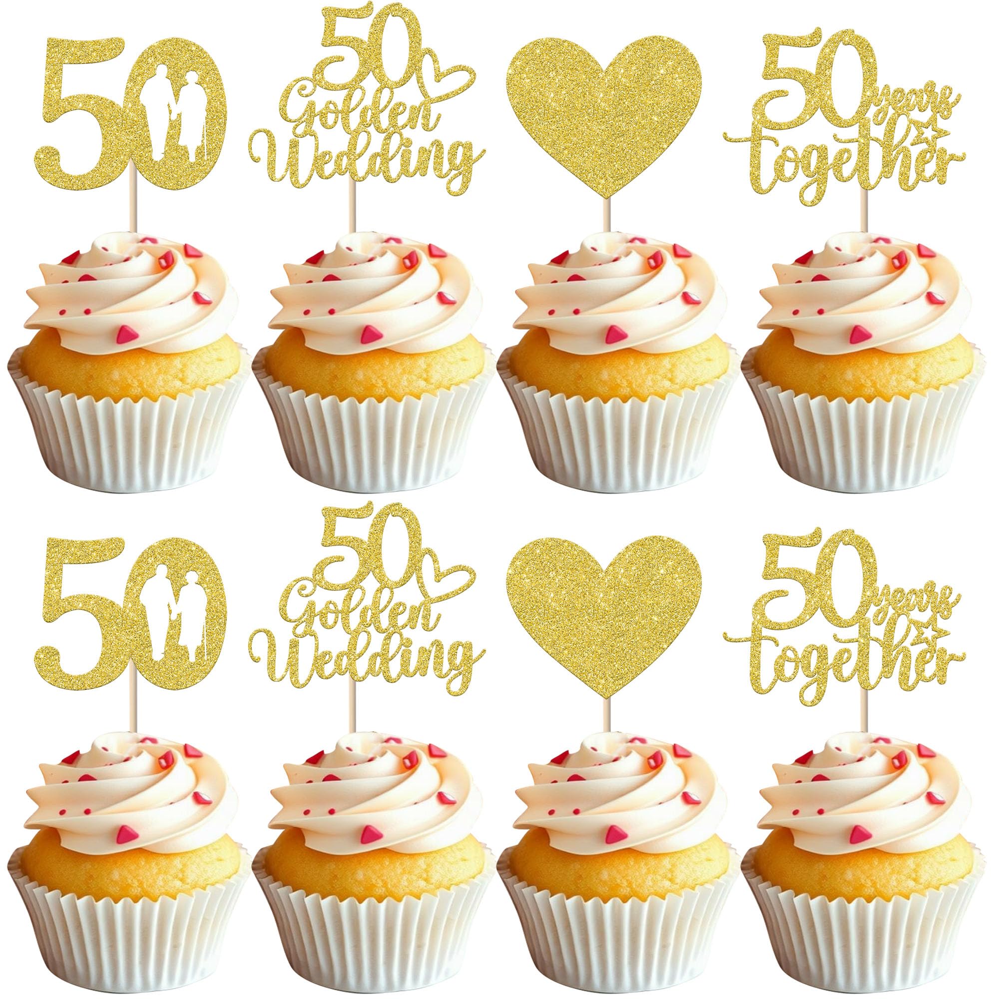 Xsstarmi 24 Pack 50 Golden Wedding Cupcake Toppers Sweet Heart Glitter 50 Years Together Cupcake Picks for Happy 50th Wedding Anniversary Party Cake Decorations Supplies — image 1