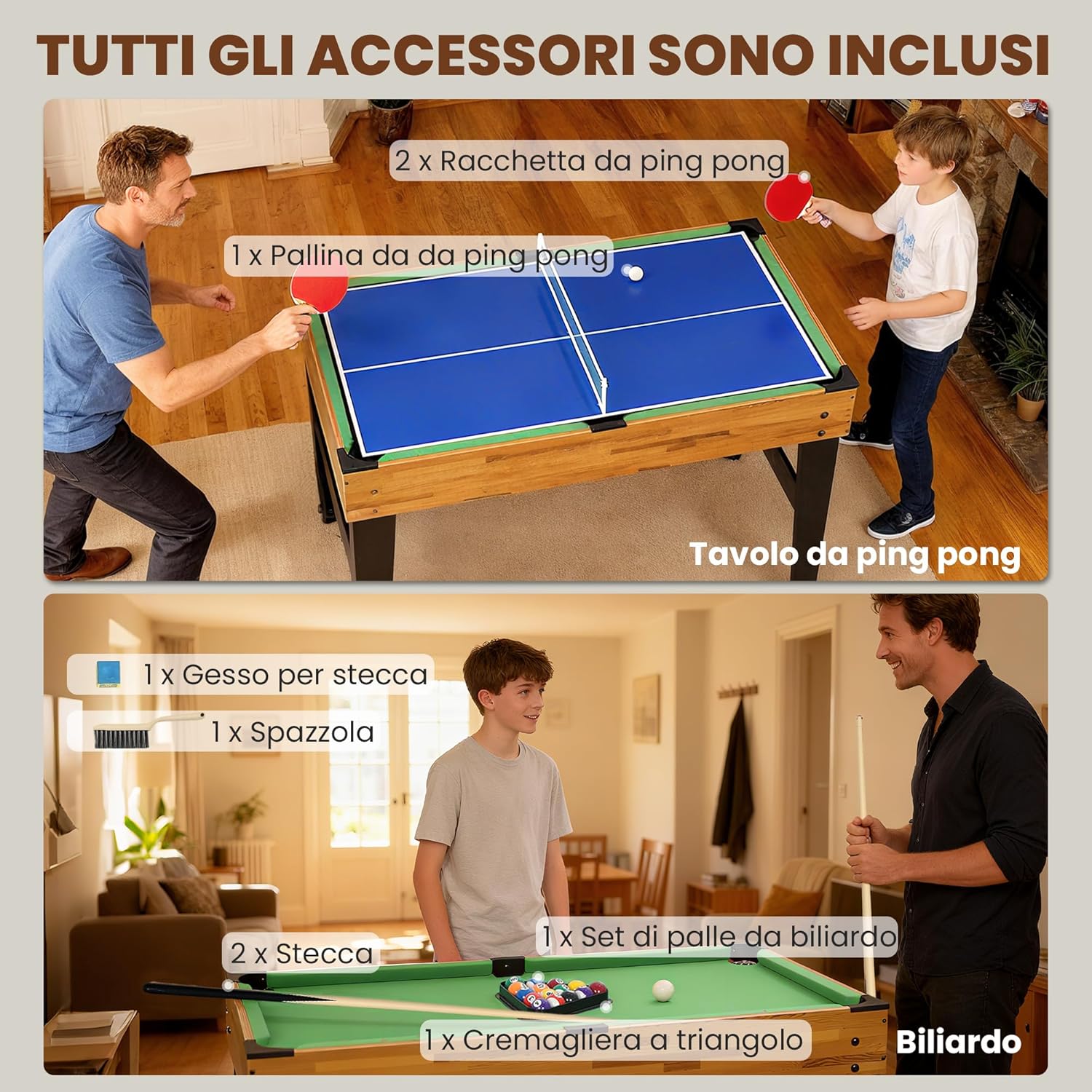 Included accessories for ping pong and billiards games on the SPORTNOW multi-game table.
