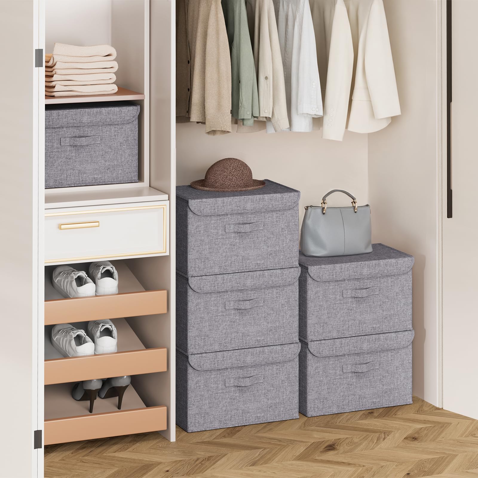 5 Pack of Stackable Storage Boxes with Lids Linen Wardrobe Organiser 37.8L โ image 1