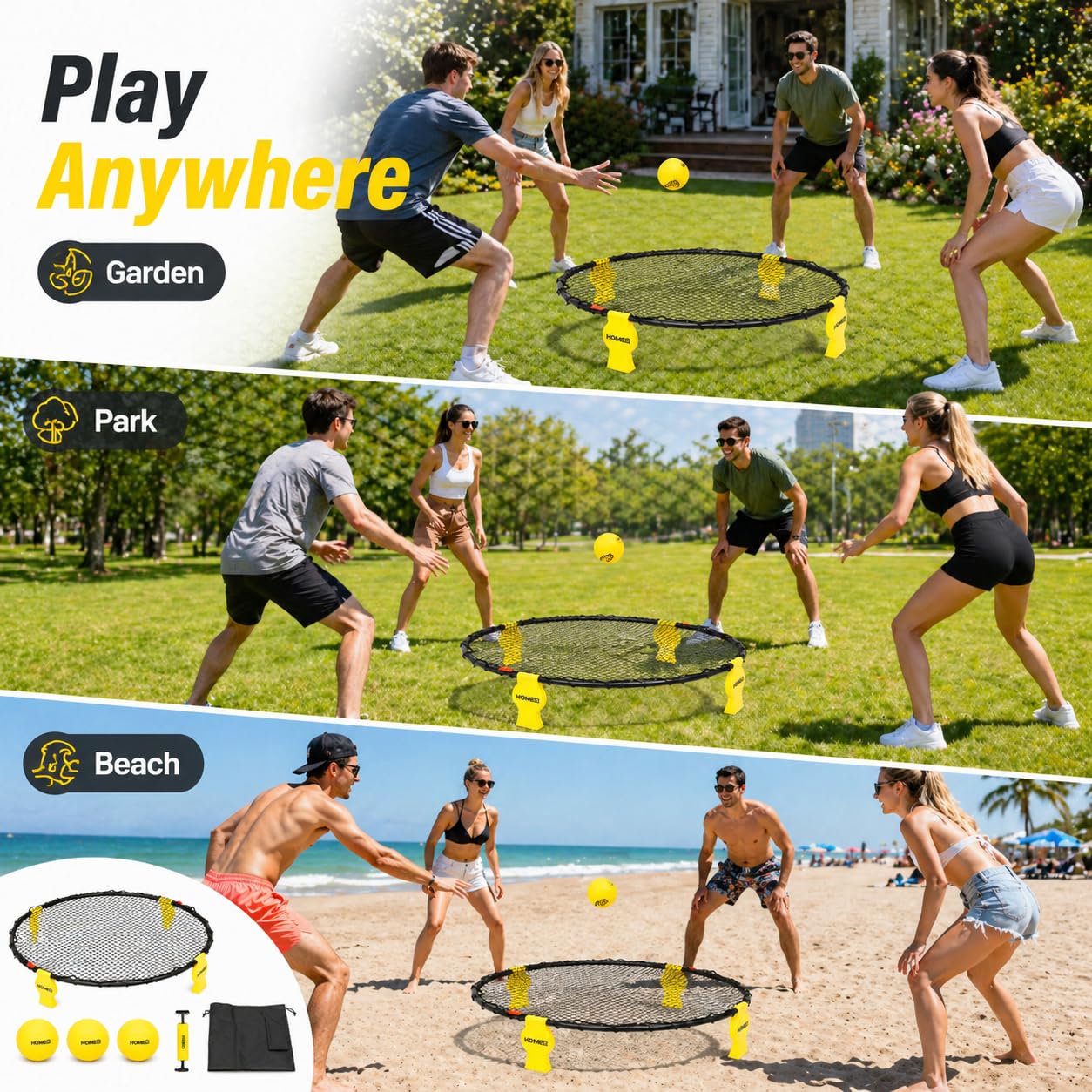 HOME IT® Bounceball Gioco 2 vs 2 con 3 Palline Ø10cm – Set Completo con Telaio in Acciaio e Gambe in Plastica PP – Incluso Pompa e Borsa – Gioco da Esterno 360° per Spiaggia Giardino e Parco