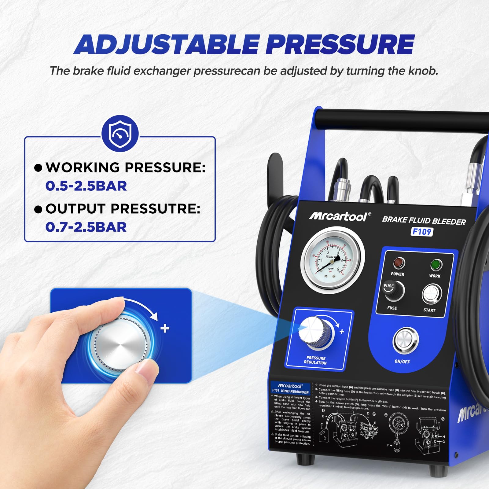 MRCARTOOL F109 Equipo de Purga de Frenos Automático Pulsante 220V para Automóvil, Kit Automático para Cambio de Líquido de Frenos con 3 Adaptador para Cilindro Maestro, Presión Ajustable 0.5~2.5Bar