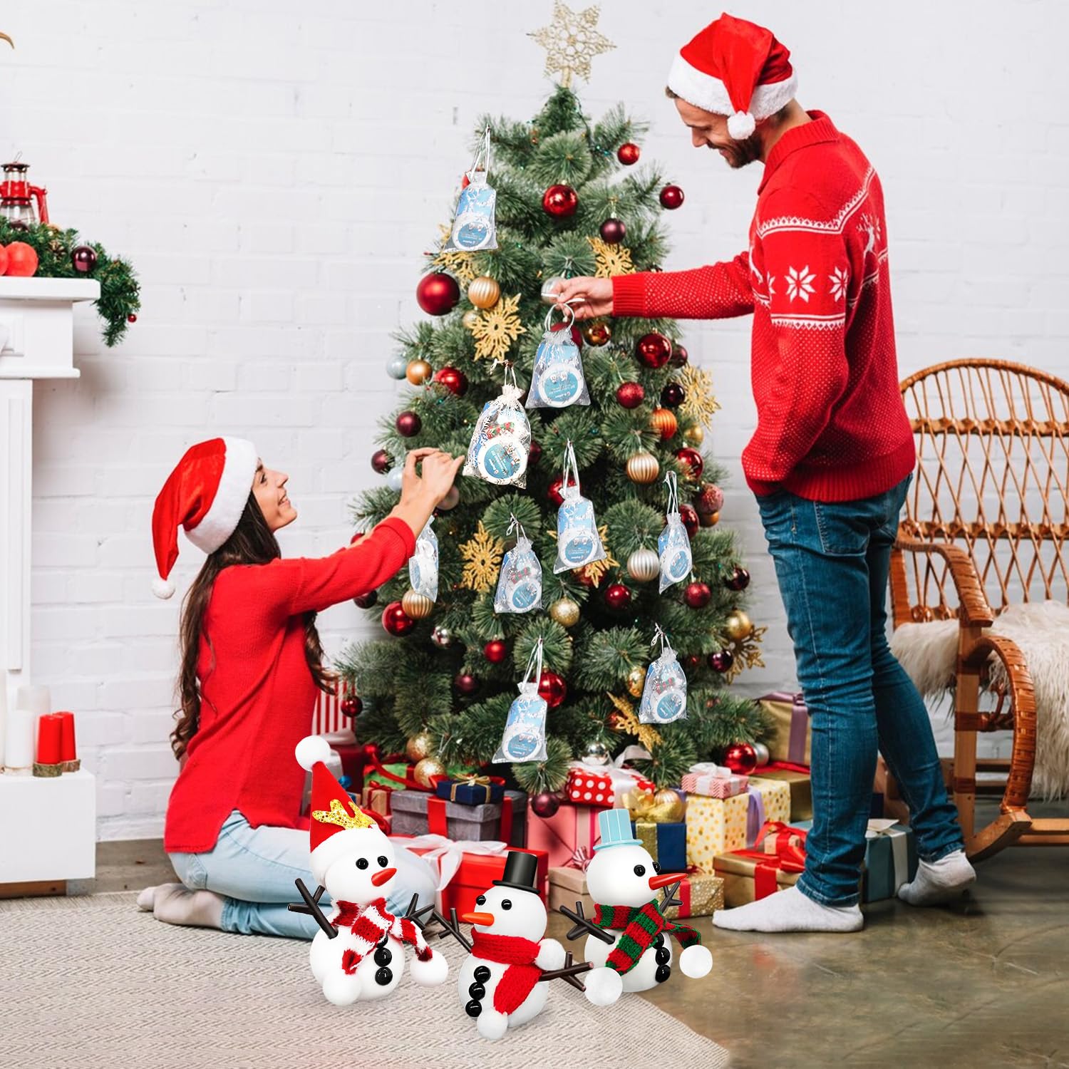 Hophine Schneemann-Set zum Selbermachen – Schneemann-Set mit Schneemann-Thema-Karte und silberfarbener Schneeflocken-Kordelzugtasche, perfektes Weihnachtsbasteln für Kinder, Urlaubspartys und