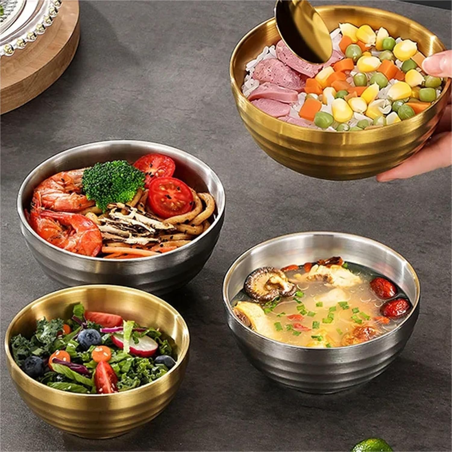 Stainless Steel Mixing Bowl 4 Pcs 304 Stainless Steel Threaded Rice Bowl Dough Round Soup Double Layer Insulated Ramen Bowls Home Tableware(11cm Gold)