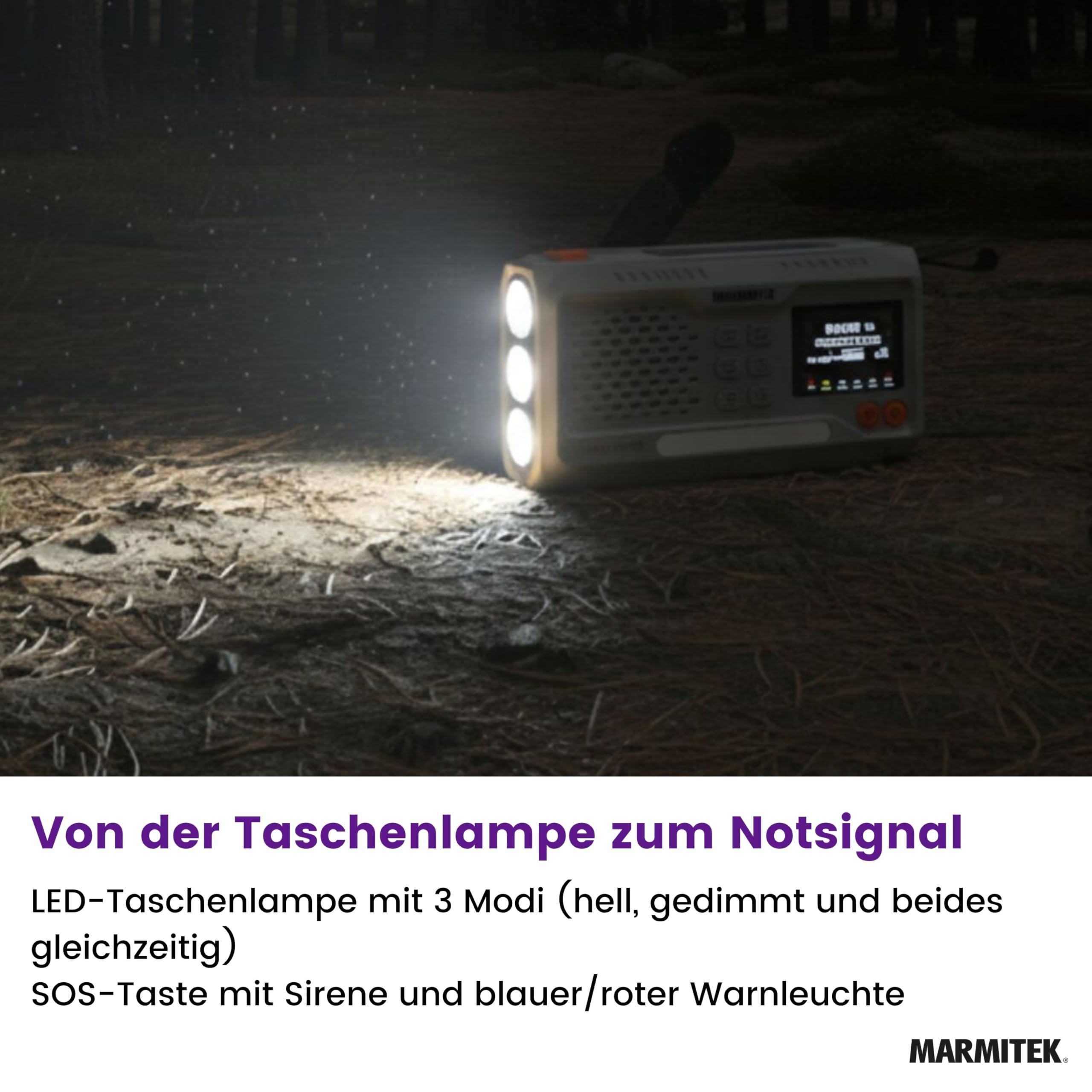 Marmitek RESQ 100 - Notfallradio DAB+/FM Solar Kurbelradio mit SOS USB-C | Powerbank 4500 mAh, Bluetooth 5.3, Farbdisplay, Taschenlampe, Leselicht, USB-C, IPX3, 3x AAA Backup für Blackout