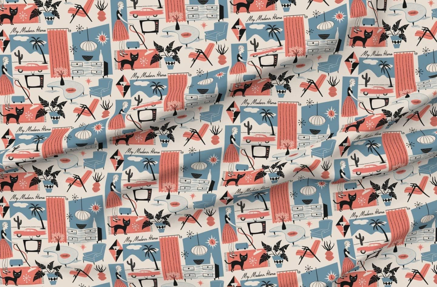 Spoonflower Fabric - Vintage Retro Modern Atomic 50S Fifties Home Cat House Interior Ranch Printed on Denim Fabric by The Yard - Bottomweight Apparel Home Decor Upholstery