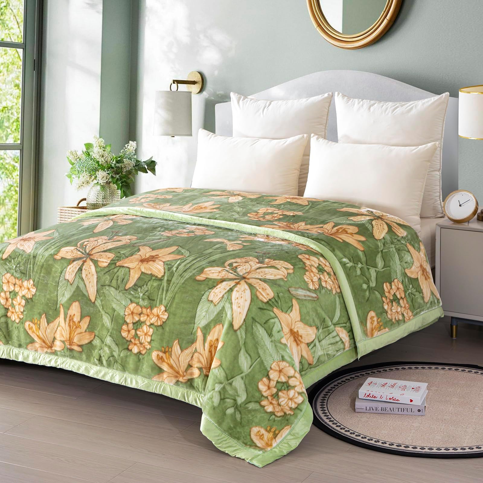 11 lbs Heavy Korean Mink Blanket King Size, Thick Winter Fleece Blanket for Bed – Silky Soft & Warm, 2-Ply Reversible Raschel Blankets, Green, 220x240cm (11 lbs / 5 kg)