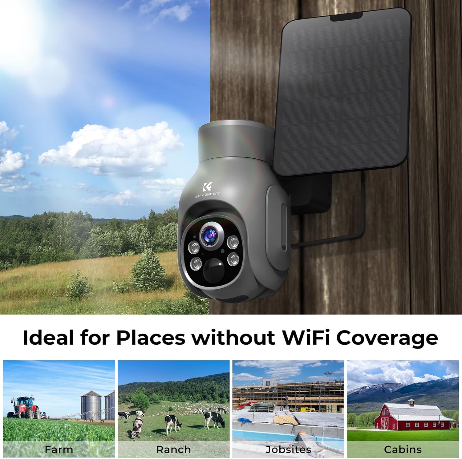 K&F Concept camera mounted on a wooden wall with a solar panel, with various scenes below showing ideal locations like farms, ranches, jobsites, and cabins.