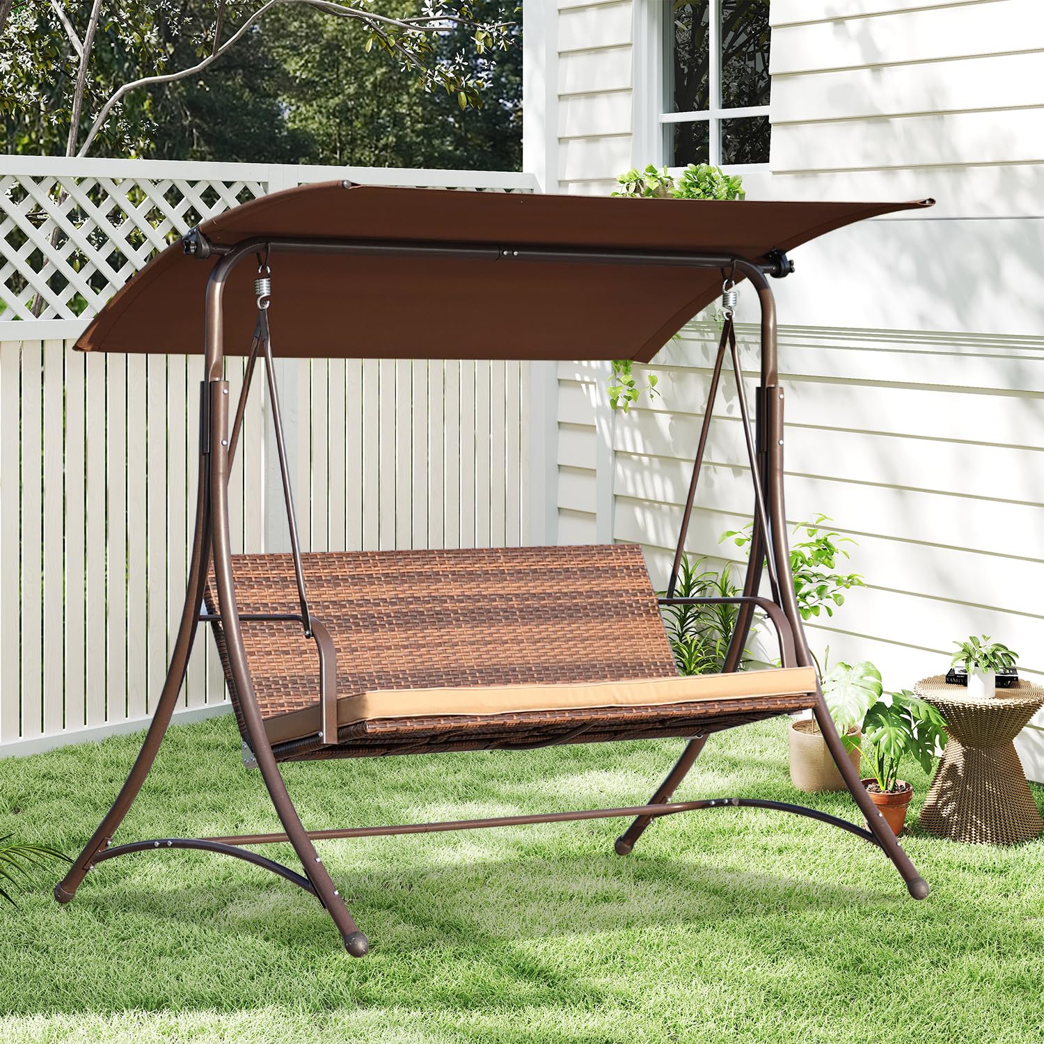Angel Living Hollywoodschaukel Gartenschaukel Rattan 3-Sitzer mit Sonnendach und Sitzbezug170 x 110 x 157 cm (Braun)