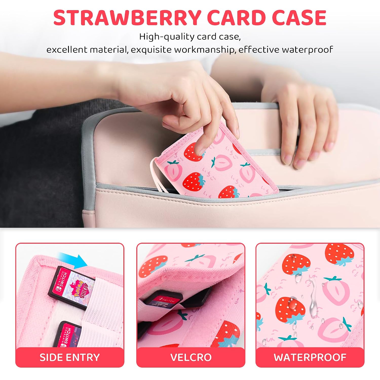 GOODVANCE 24 Switch Game Case Holder Compatible with Nintendo Switch, Pink Strawberry Game Card Storage Bag, Portable Foldable Game Cards Travel Carrying Case for PS Vita Games Cards, SD Cards image 4