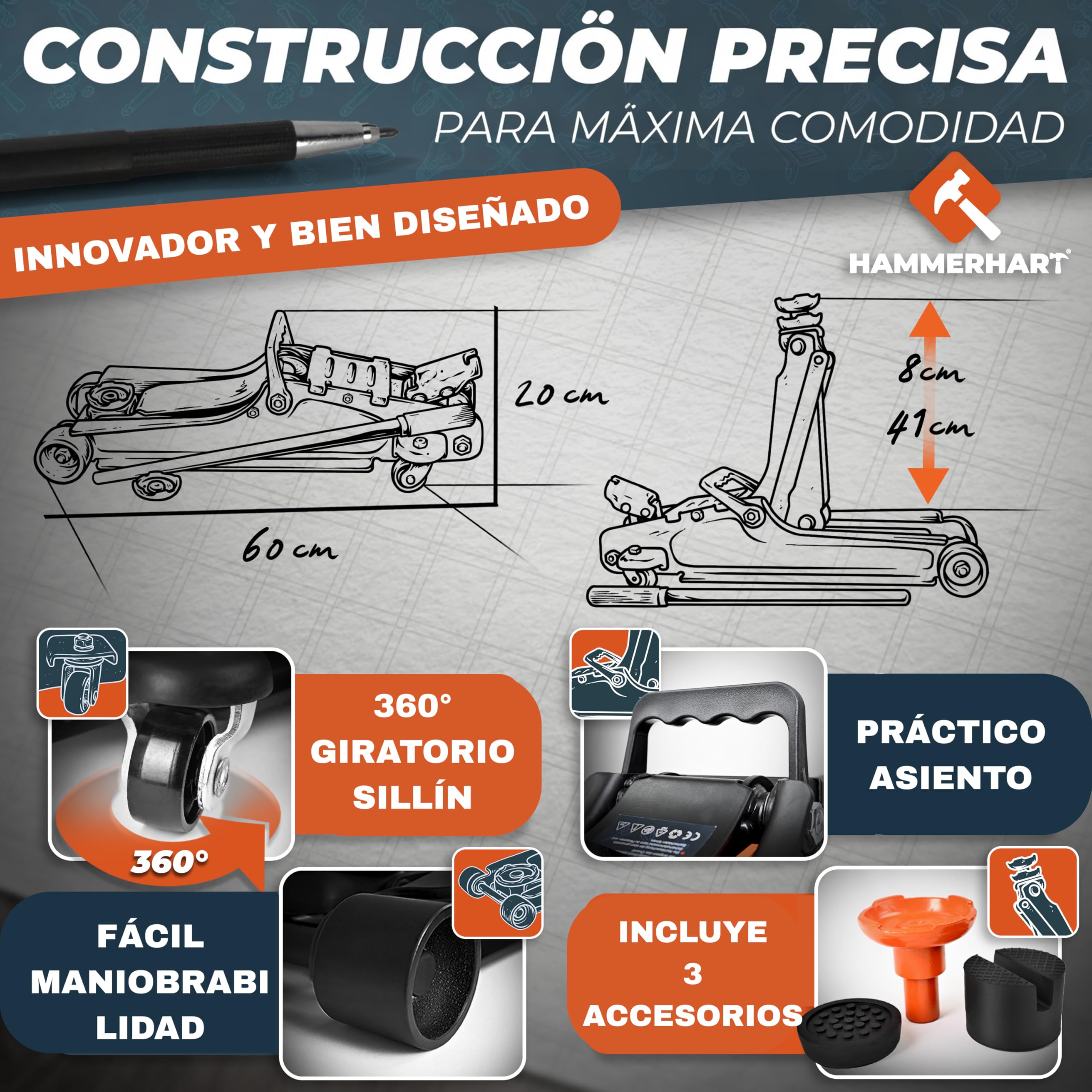 Gato hidraulico para coche 2,5 T | Gato coche maniobra premium homologado TÜV Altura de elevación 85-384 mm | Gato hidráulico plano con ruedas de 360° y pistón doble - Gato de 2,5 toneladas con almoha