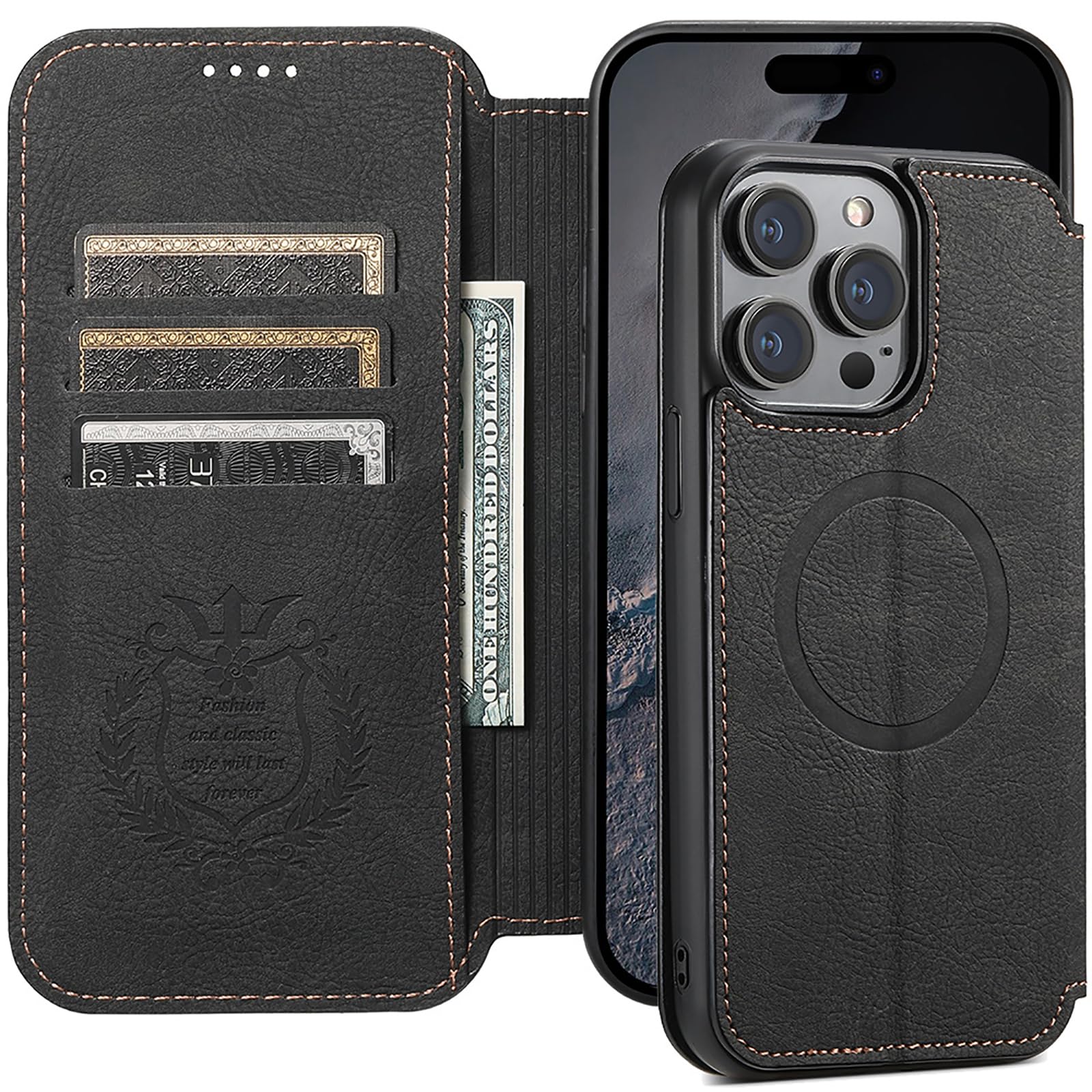 Custodia in pelle per iPhone 14 Pro Max/14 Pro/14 Plus/14, ultra sottile, a portafoglio, con chiusura magnetica, con supporto per carte di credito, supporto per ricarica wireless magnetica