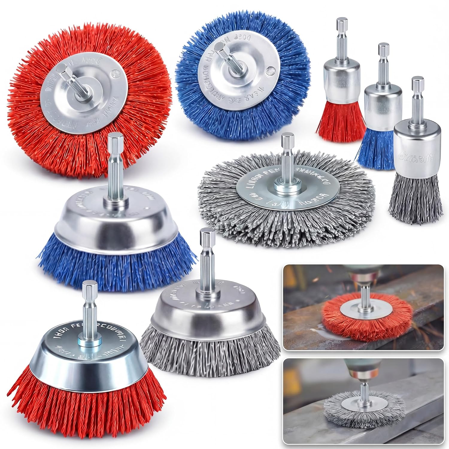9 Pieces Nylon Wire Pot Brush 3 Sizes Nylon Brush Drill Set with 1/4 Inch Hex Shank Nylon Cup Brush for Cleaning and Removing Rust