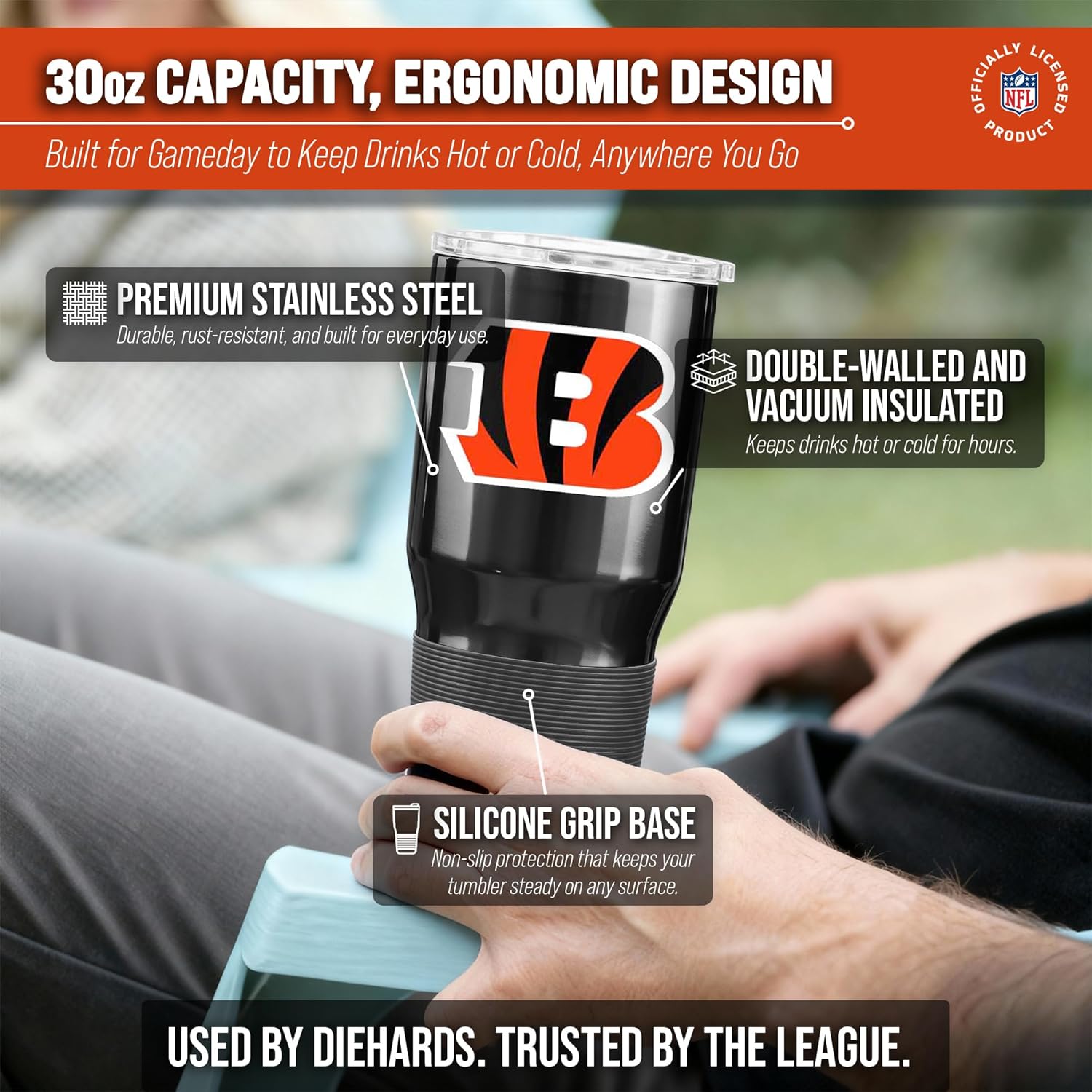 Team Fan Apparel NFL 30oz Gameday Stainless Steel Tumbler, Insulated For Hot & Cold, Slider Lid, Silicone Grip, Officially Licensed (Cincinnati Bengals - Black) - Image 3