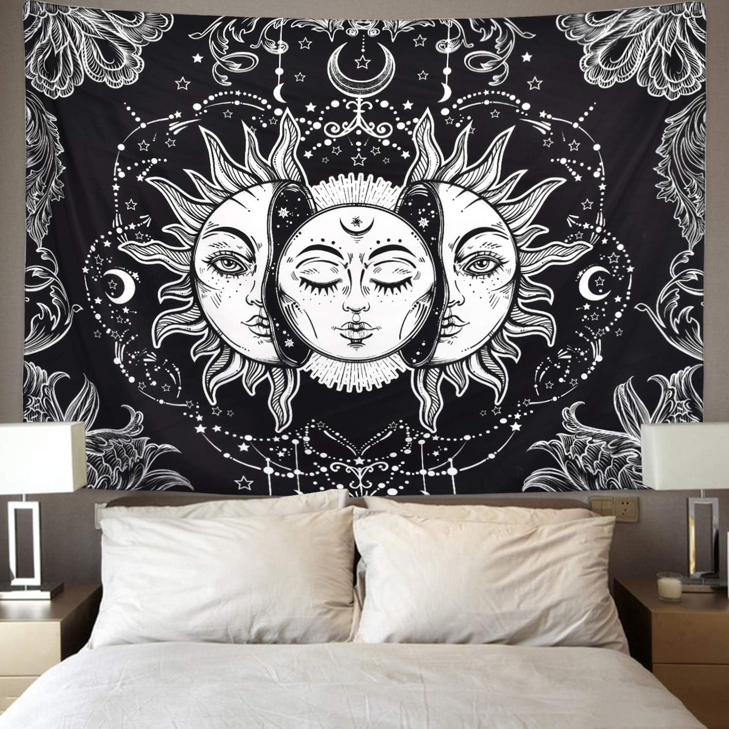 LikiyolLikiyol Sun and Moon Tapestry Burning Sun with Star Tapestry Psychedelic Tapestry Black and White Mystic Tapestry Wall Hanging