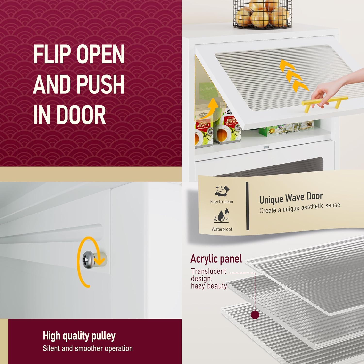 4-Tier Kitchen Pantry Cabinet, Display Storage Cabinet with 3 Flip-up Acrylic Glass Doors and 1 Drawer, White Freestanding Bakers Rack to Storage Small Microwave Spice Seasoning Bowl Cup Wine