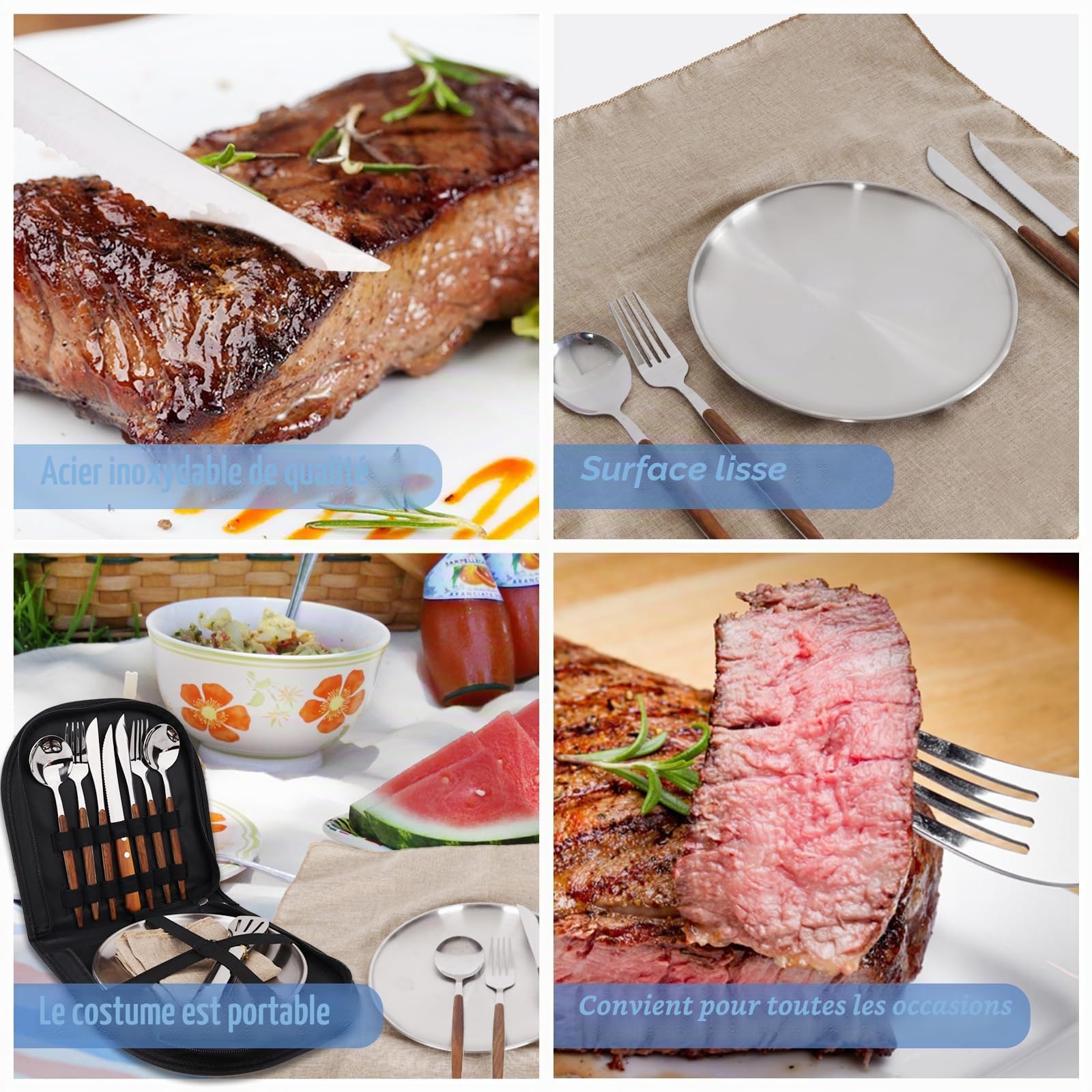 Set de vaisselle de camping pour 2 personnes, 12 pièces, en acier inoxydable, couverts de pique-nique, poches de couverts portables, manches à rayures en bois, nappe de table à manger