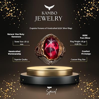 KAMBO Handmade Natural Star Ruby Men's Ring in 925 Sterling Silver - Minimalist Vintage Statement Design, Unique Christmas Gift for Him, Handcrafted Fine Jewelry