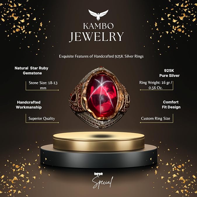 KAMBO Handmade Natural Star Ruby Men's Ring in 925 Sterling Silver - Minimalist Vintage Statement Design, Unique Christmas Gift for Him, Handcrafted Fine Jewelry
