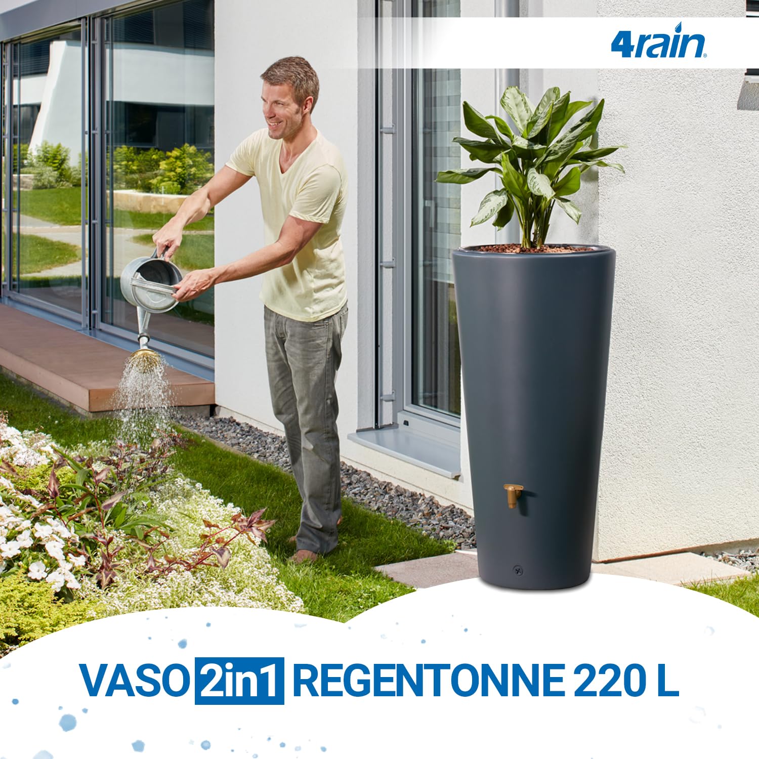 4rain Vaso 2in1 Regentonne 220 Liter Graphite Grey inkl. Kunststoff-Auslaufhahn und Fallrohranschluss - schlanke Regentonne für den Garten - modernes Design mit Pflanzschale und klarer Gestaltung