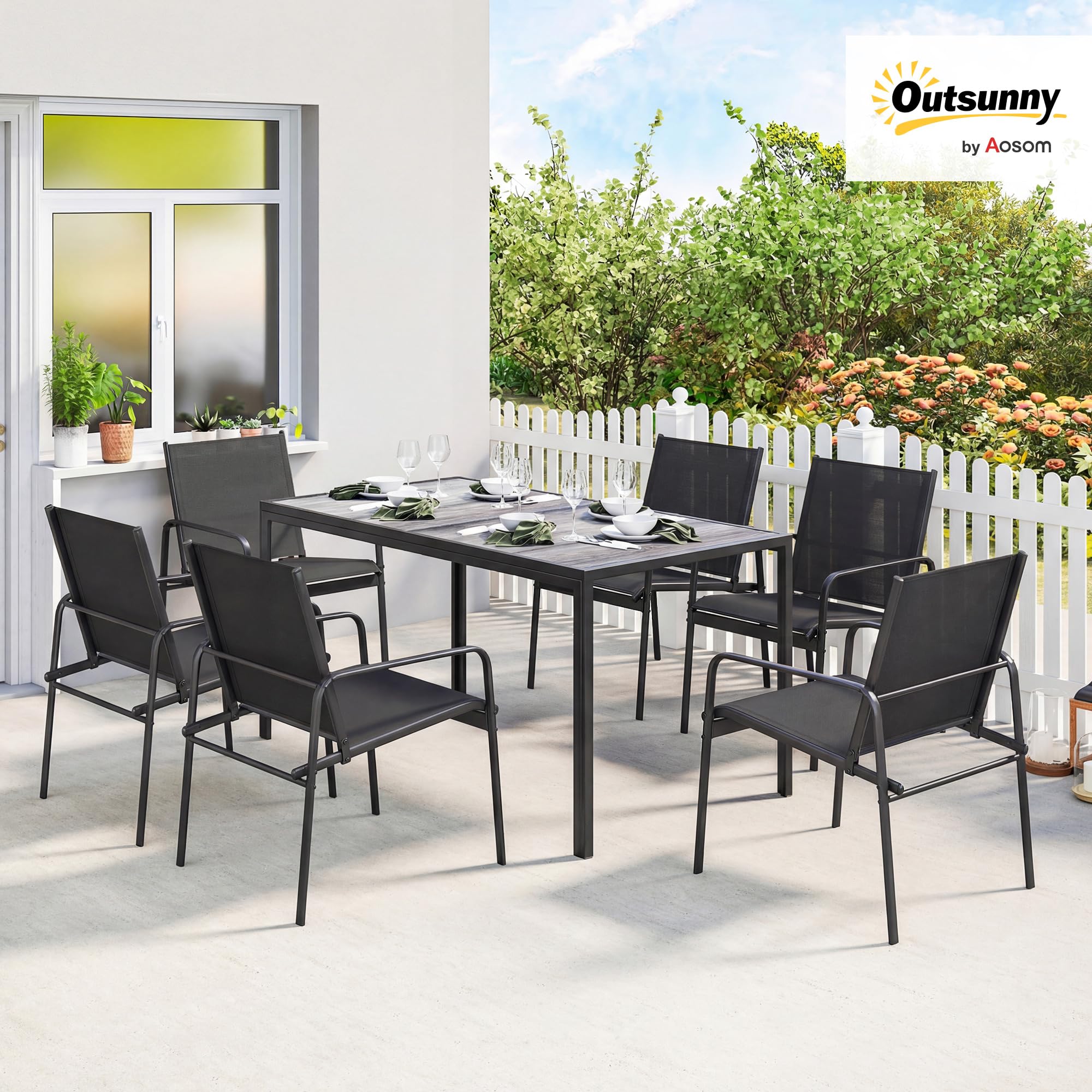 Outsunny Set Tavolo e Sedie da Giardino 7 Pezzi, Tavolo Effetto Legno, 6 Sedie in Texteline Traspirante, Acciaio Zincato, Nero