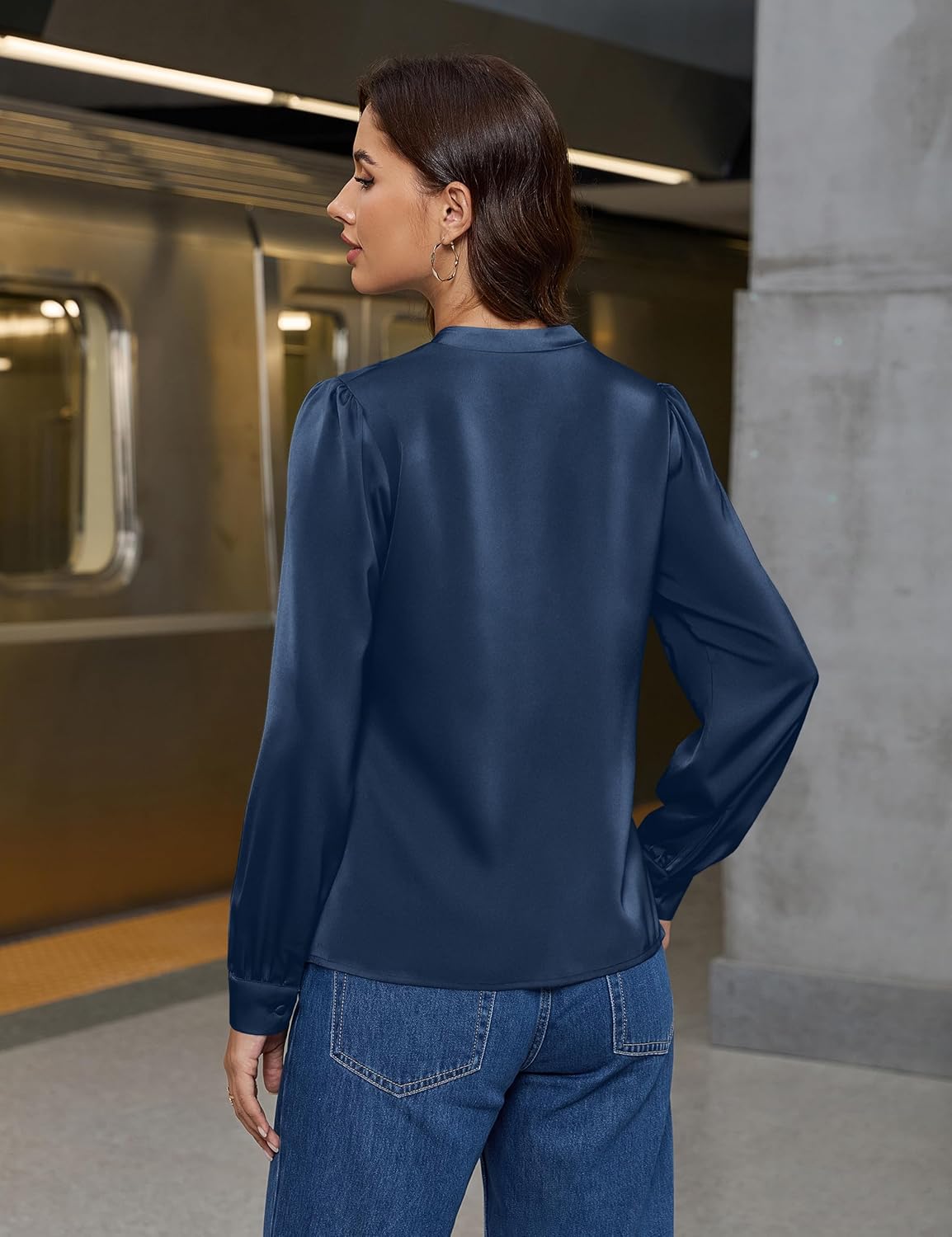 Blooming Jelly Womens Business Casual Tops Dressy Work Long Sleeve Shirts V Neck Silk Satin Blouses Cute Fall Outfits - Image 5