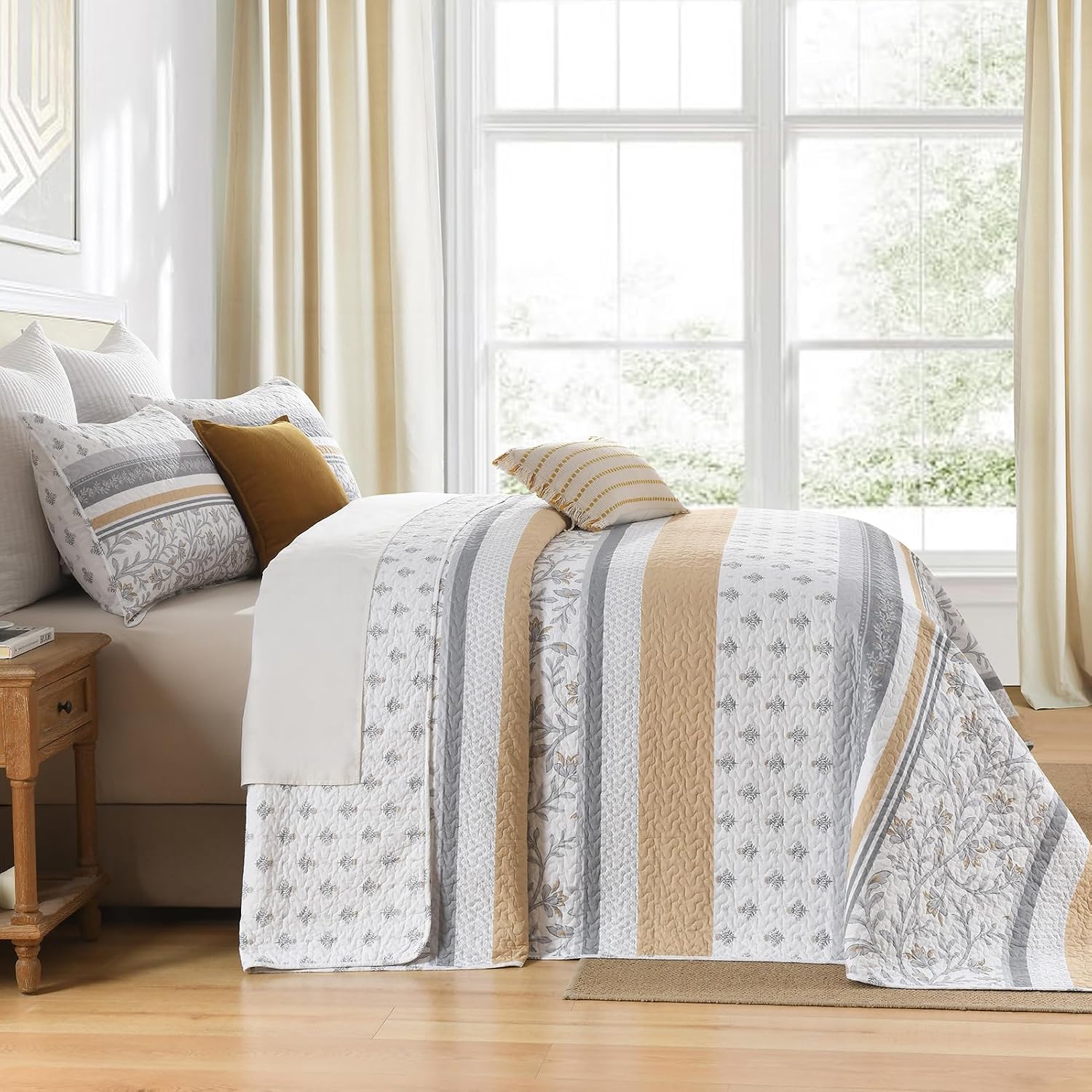 Oversized Quilt Bedspread Coverlet Set, 120"x120" 100% Cotton Extra Large Quilt, Farmhouse Floral Pattern, Lightweight Quilted Bedding Set with 2 Pillowcases, Yellow/Gray/White