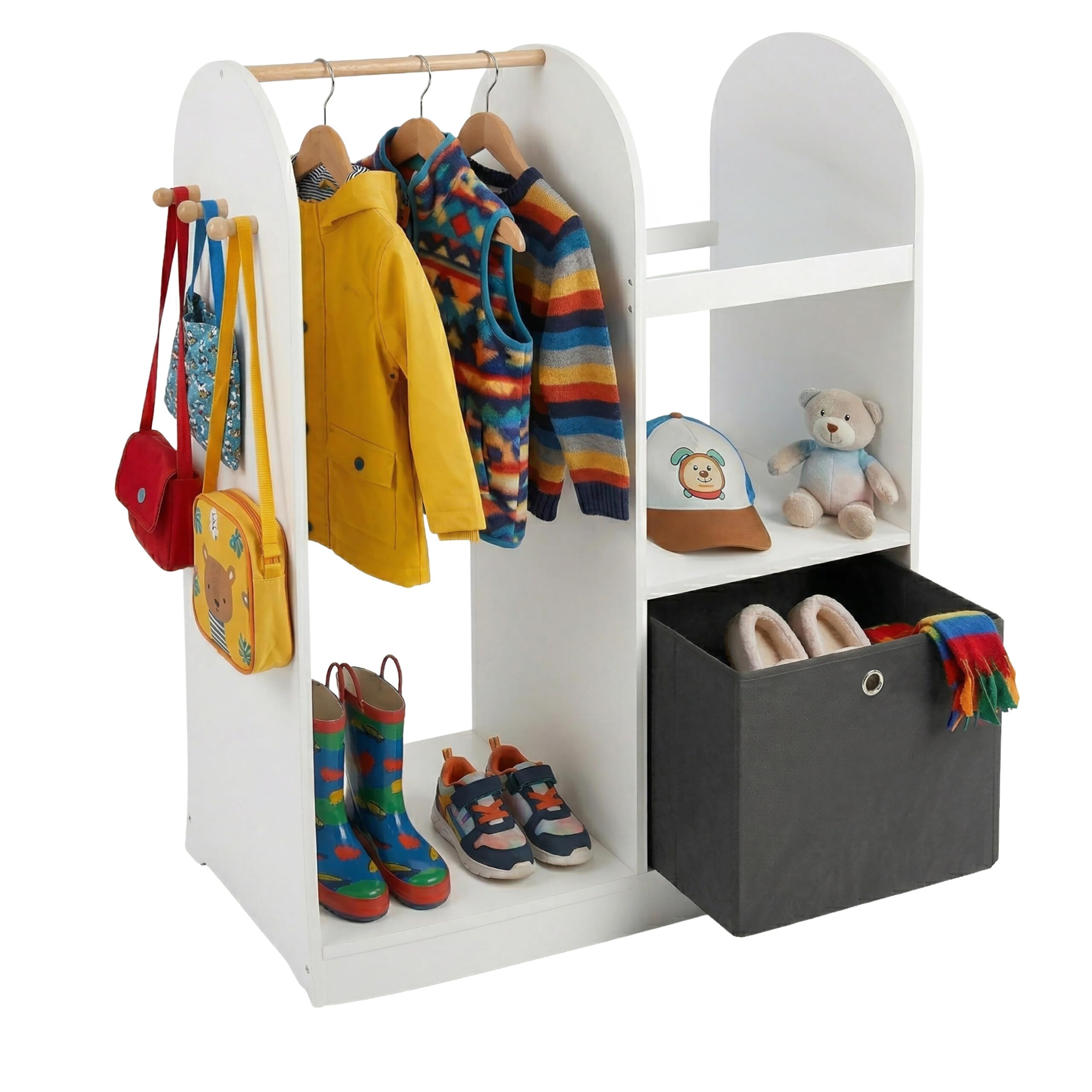 Relaxdays Appendiabiti per Bambini, 3 Ganci, Asta e Box, HxLxP: 108 x 97 x 35 cm, cameretta, Bianco