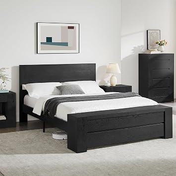 OKD Queen Bed Frame with Headboard and Footboard Storage Bench,Black Oak